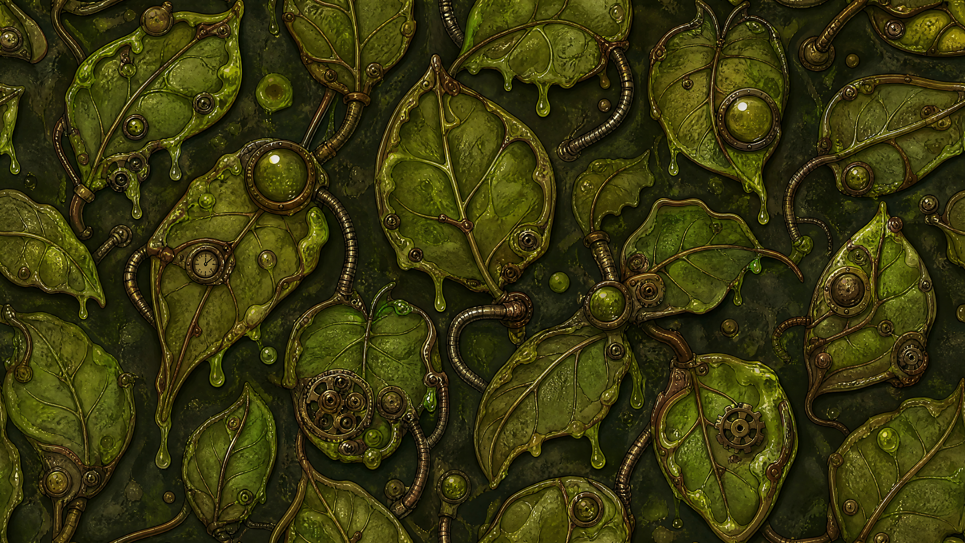 4K Ultra HD PC desktop wallpaper and background: dense, textured dark-green leaf pattern with curling vines, embossed veins and subtle metallic highlights.