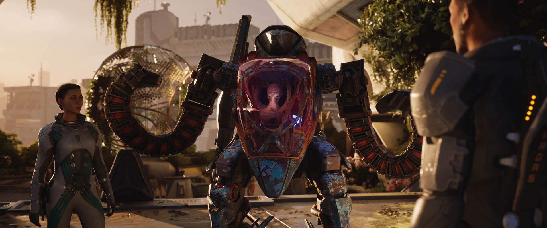 HD PC desktop wallpaper/background from the video game Exodus (2027): a weathered combat mech with a glowing cockpit and tentacle-like arms standing in a sunlit ruined urban plaza.