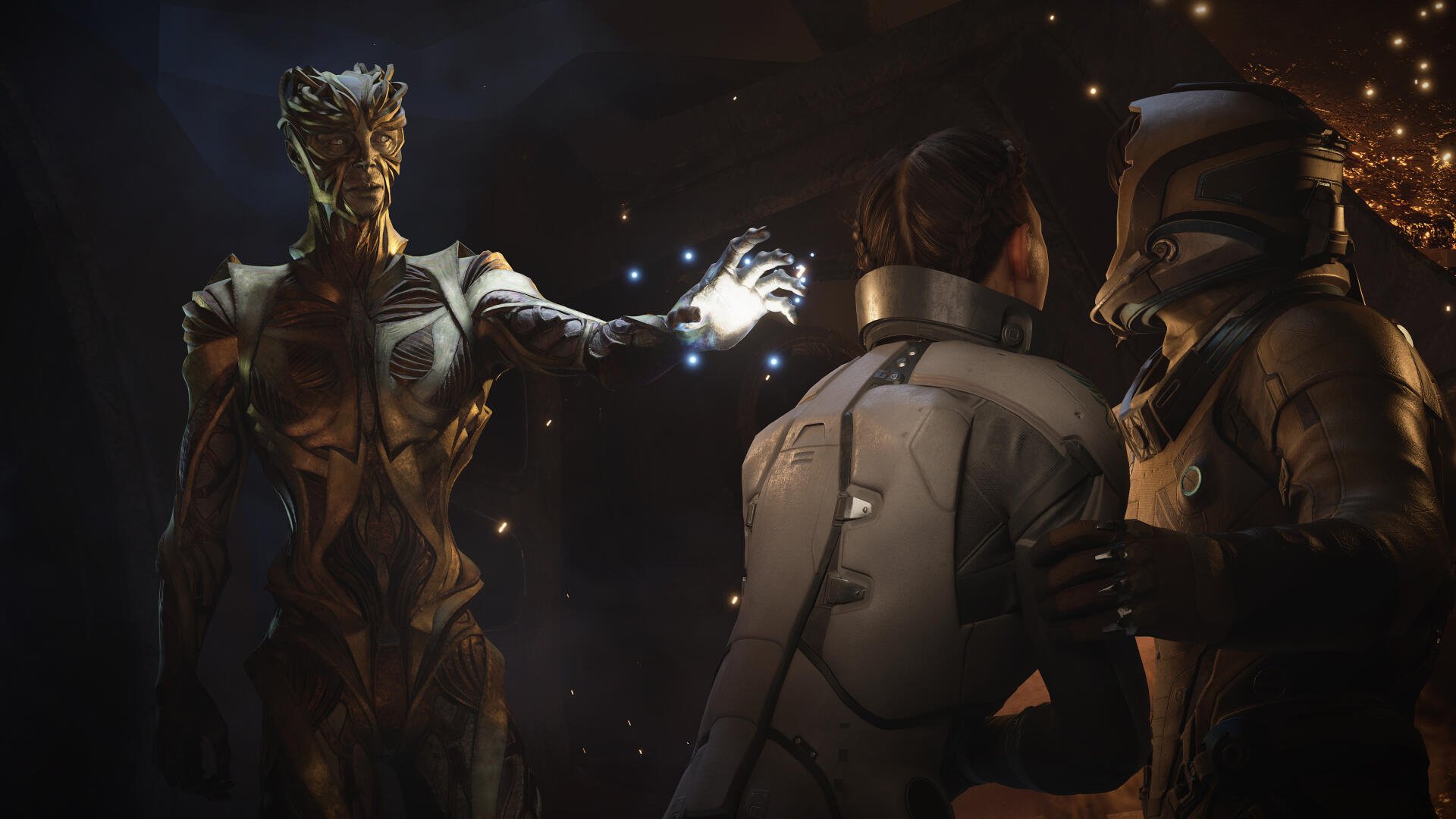 Dark 4K Ultra HD PC desktop wallpaper and background from the video game Exodus (2027): a tall reptilian alien extends a glowing hand toward two suited humans in a tense orbital encounter.