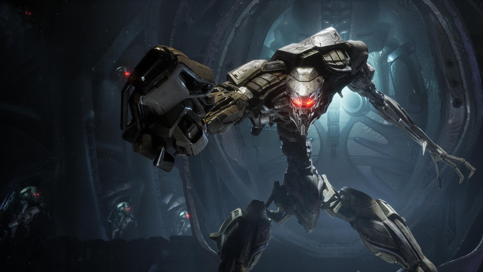 4K Ultra HD PC desktop wallpaper and background of a menacing combat mech firing a glowing red core in a dark industrial tunnel — artwork from the video game Exodus (2027).