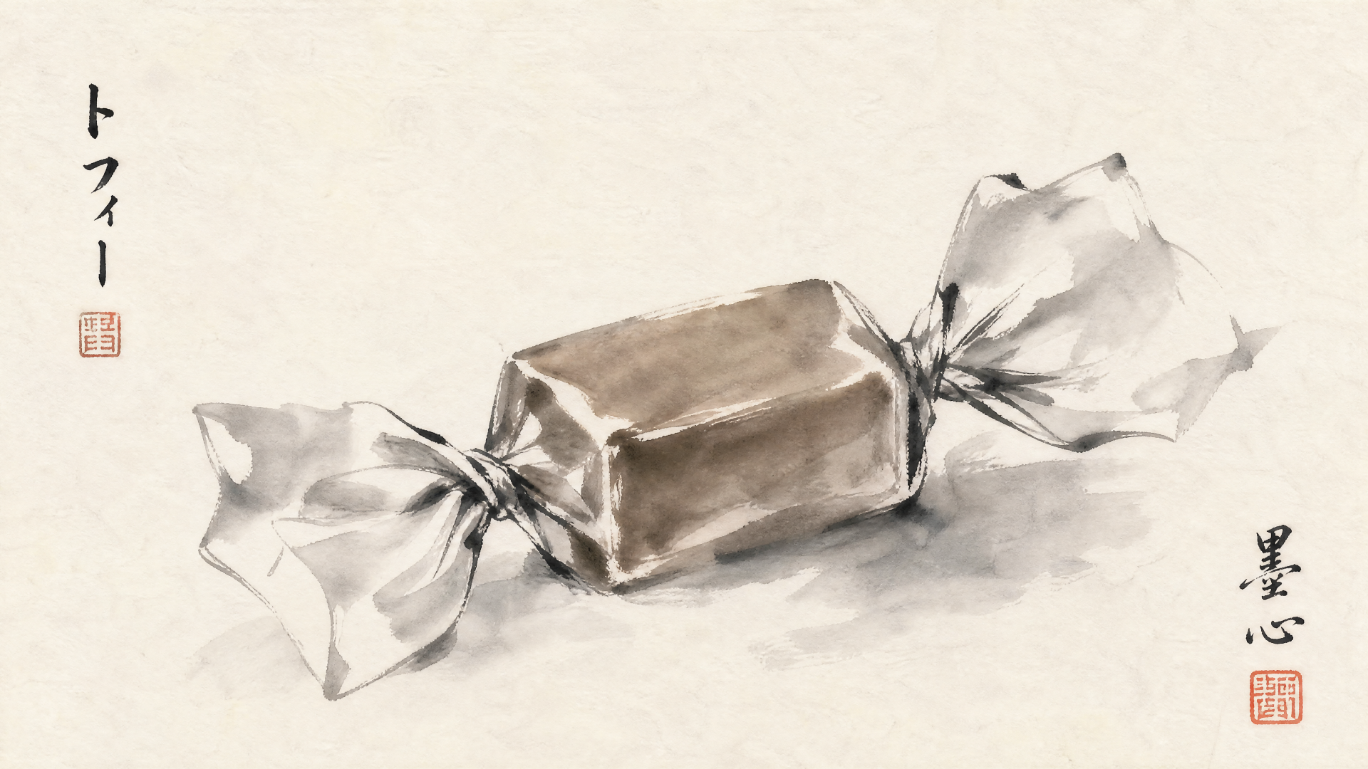 Ink-wash painting of a single wrapped toffee on cream paper with Japanese calligraphy and seals — 4K Ultra HD PC desktop wallpaper/background.