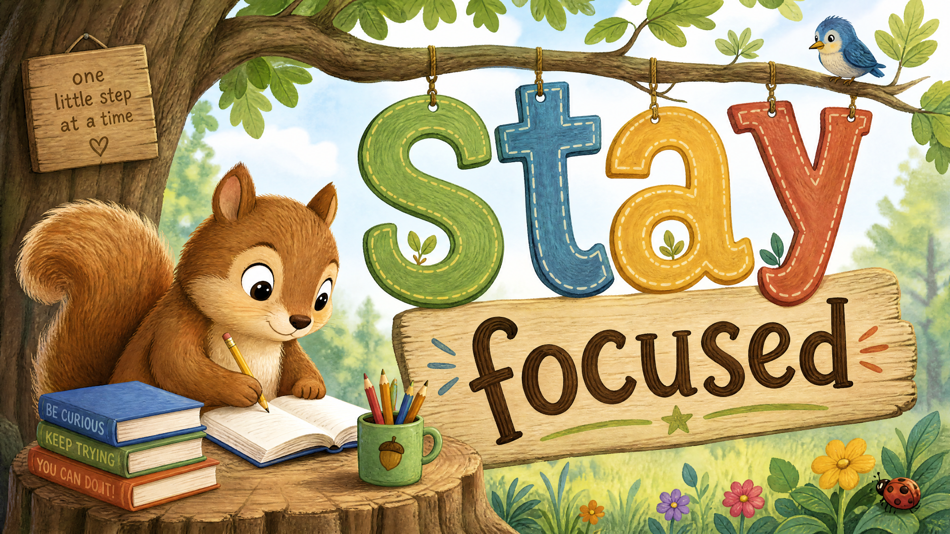 4K Ultra HD PC desktop wallpaper: cheerful squirrel writes at a woodland desk beneath large colorful Stay focused letters, with books, pencils, flowers and a bluebird.
