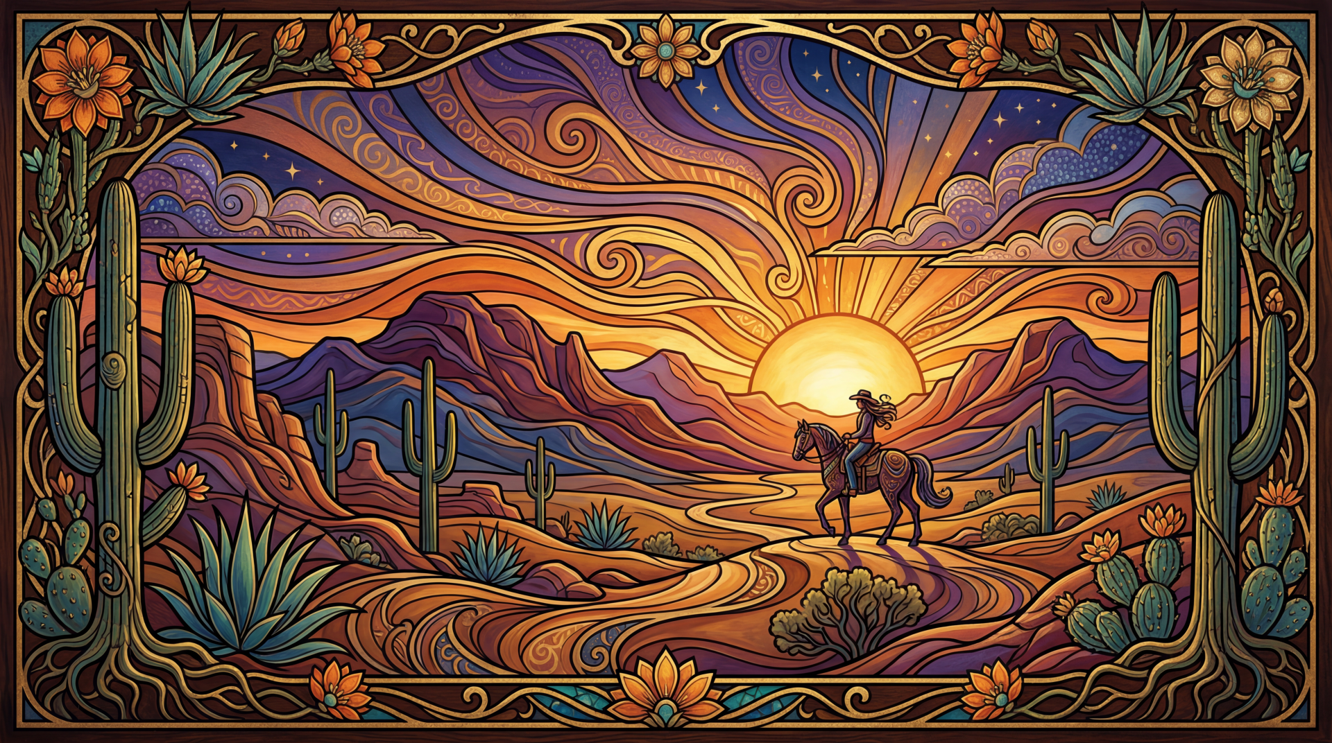 Vibrant 5K Ultra HD PC desktop wallpaper and background: stylized desert sunset with a lone rider on horseback, swirling colorful sky, saguaro cacti and layered mountains.