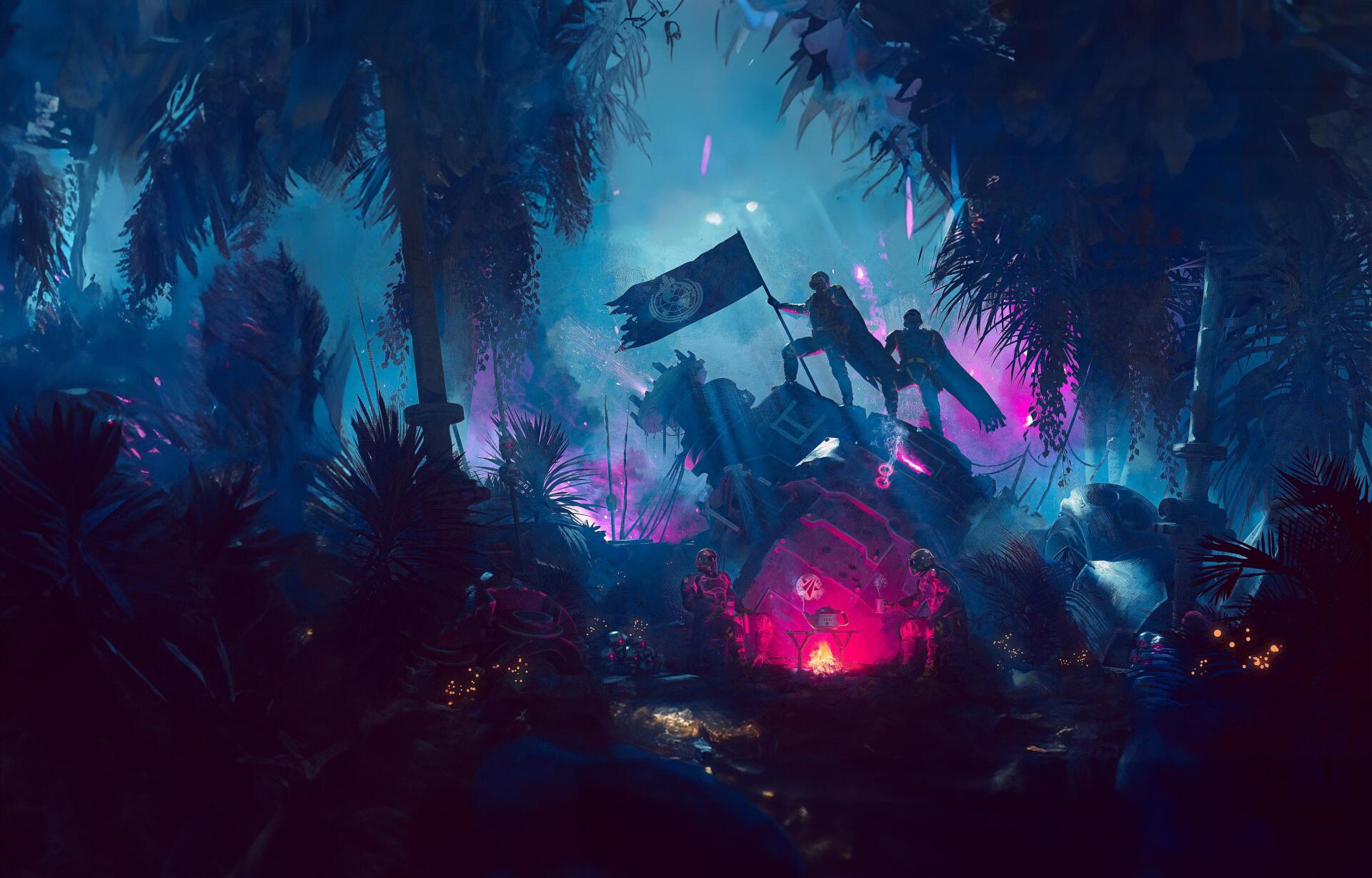 Helldivers 2 4K Ultra HD PC desktop wallpaper: silhouetted soldiers planting a flag in a neon-lit alien jungle, glowing flora and a red-lit crater.