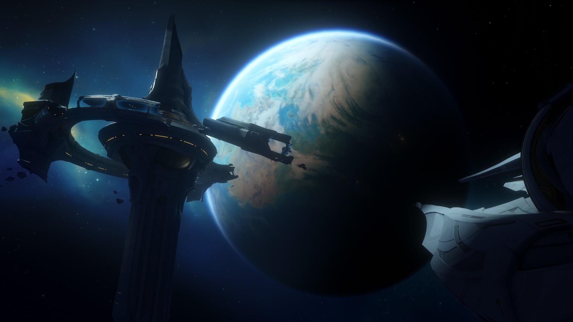 Genshin Impact video game — Luna VIII 4K Ultra HD PC desktop wallpaper: silhouetted orbital station beside a blue-green planet against a starry void.