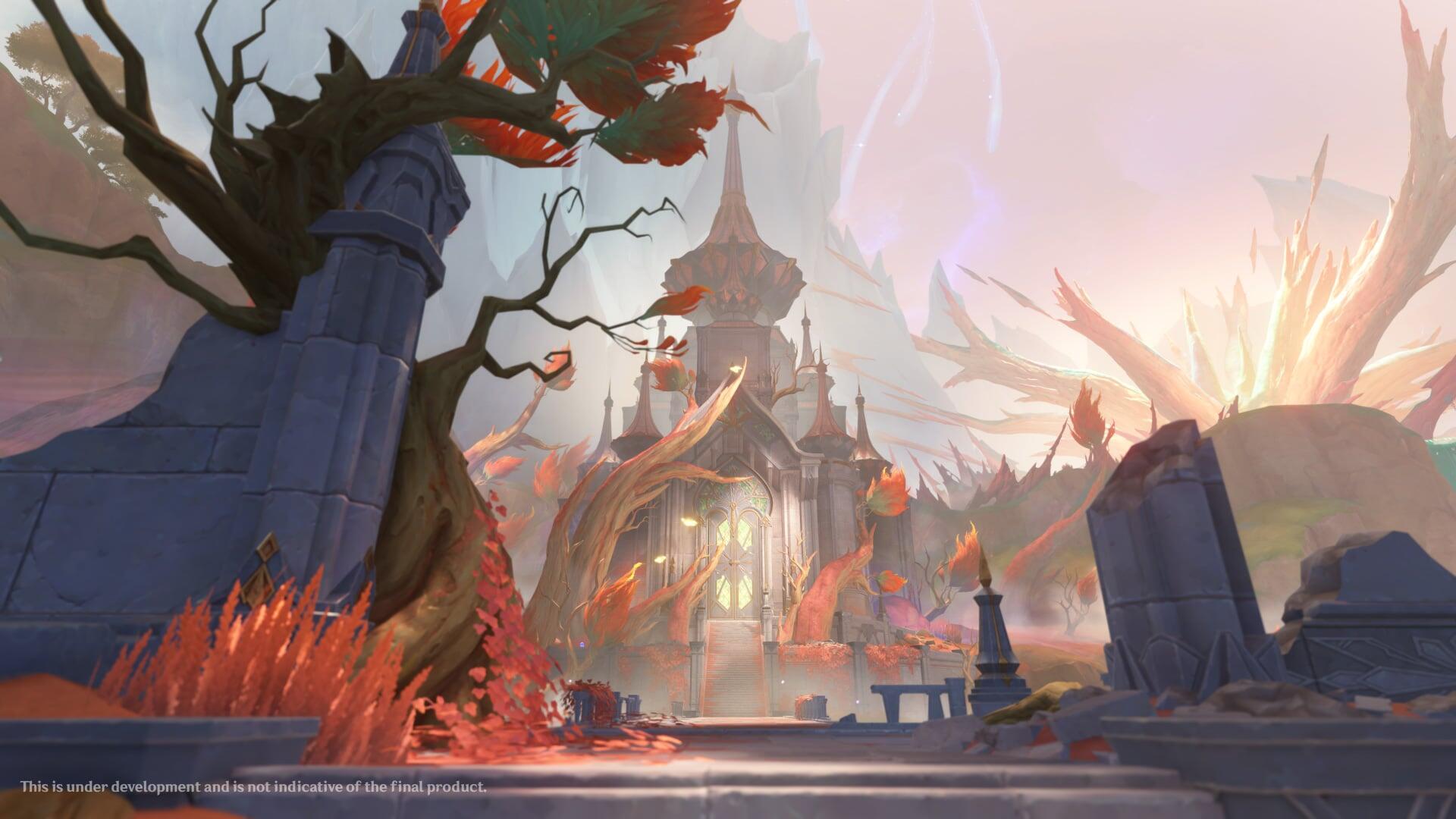 HD PC desktop wallpaper of video game Genshin Impact Luna VIII: a ruined castle surrounded by glowing red foliage under a dramatic, storm-tinted sky.