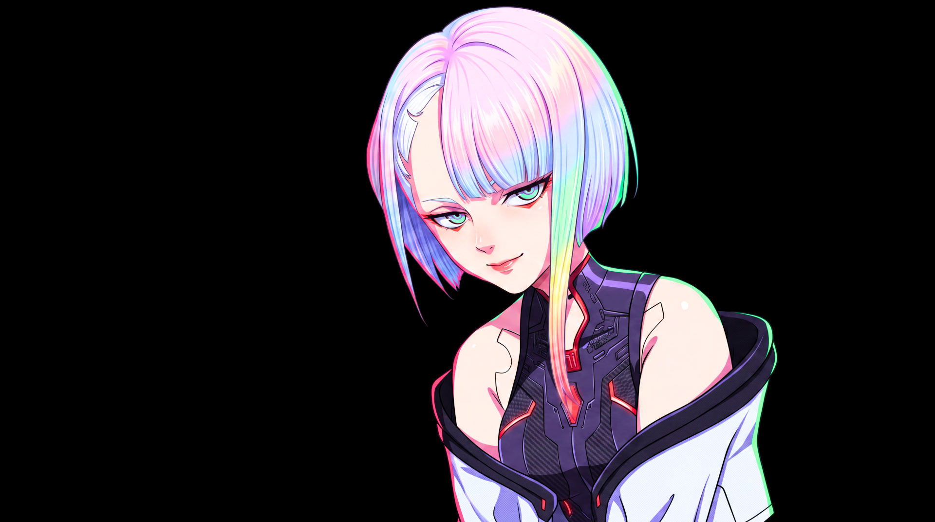Lucy (Cyberpunk: Edgerunners) — pastel‑haired anime girl/waifu in a cybernetic outfit with neon accents on black background; Cyberpunk 2077 style, 5K Ultra HD PC desktop wallpaper.