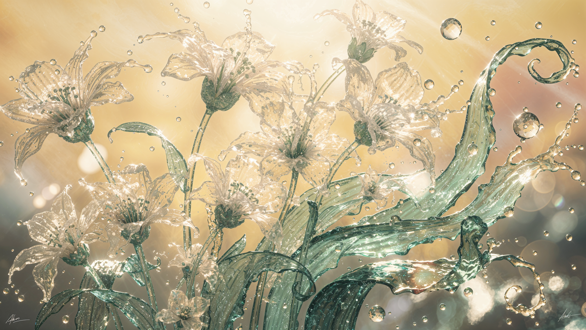 4K Ultra HD PC desktop wallpaper and background: dreamy summer floral scene of translucent blooms and flowing water-like ribbons against warm golden bokeh.