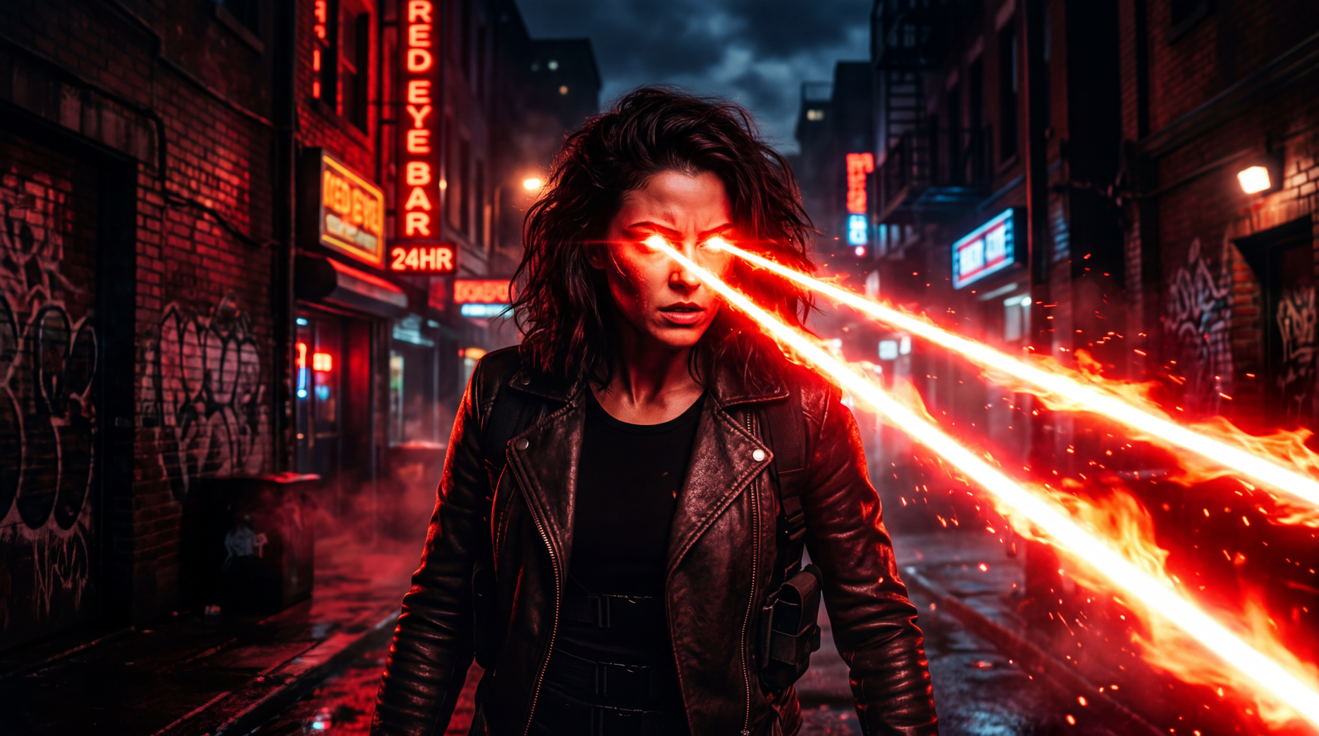 5K Ultra HD PC desktop wallpaper of a woman with glowing red laser eyes firing beams down a rain-slick neon alley, wearing a black leather jacket.