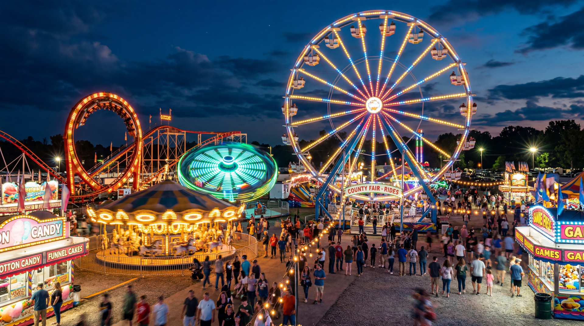 Nighttime fair with illuminated Ferris wheel, carousel and bustling midway — 5K Ultra HD PC Desktop Wallpaper and Background.
