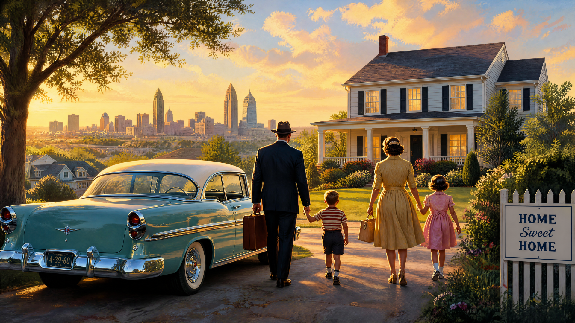 The American Dream — 4K Ultra HD PC Desktop Wallpaper and Background: a 1950s family walks hand-in-hand past a vintage car toward a sunlit suburban home with a distant city skyline.