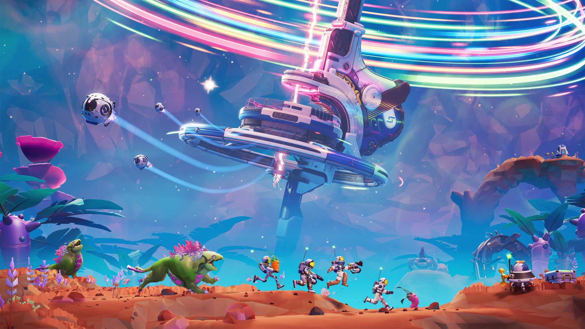 Vibrant 4K Ultra HD PC desktop wallpaper of the video game Starseeker: Astroneer Expeditions — astronauts and robot drones explore a neon alien landscape beneath a towering ringed space elevator.