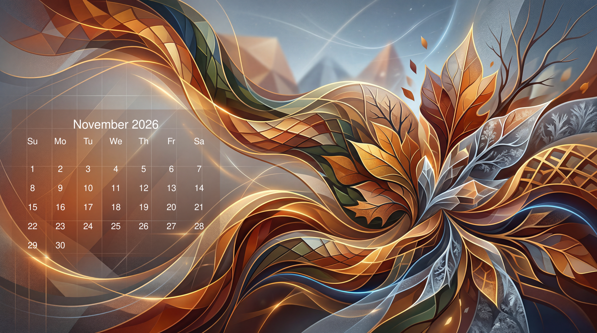 November 2026 calendar over an abstract autumn leaf swirl in rich gold and blue tones — 5K Ultra HD PC desktop wallpaper and background.