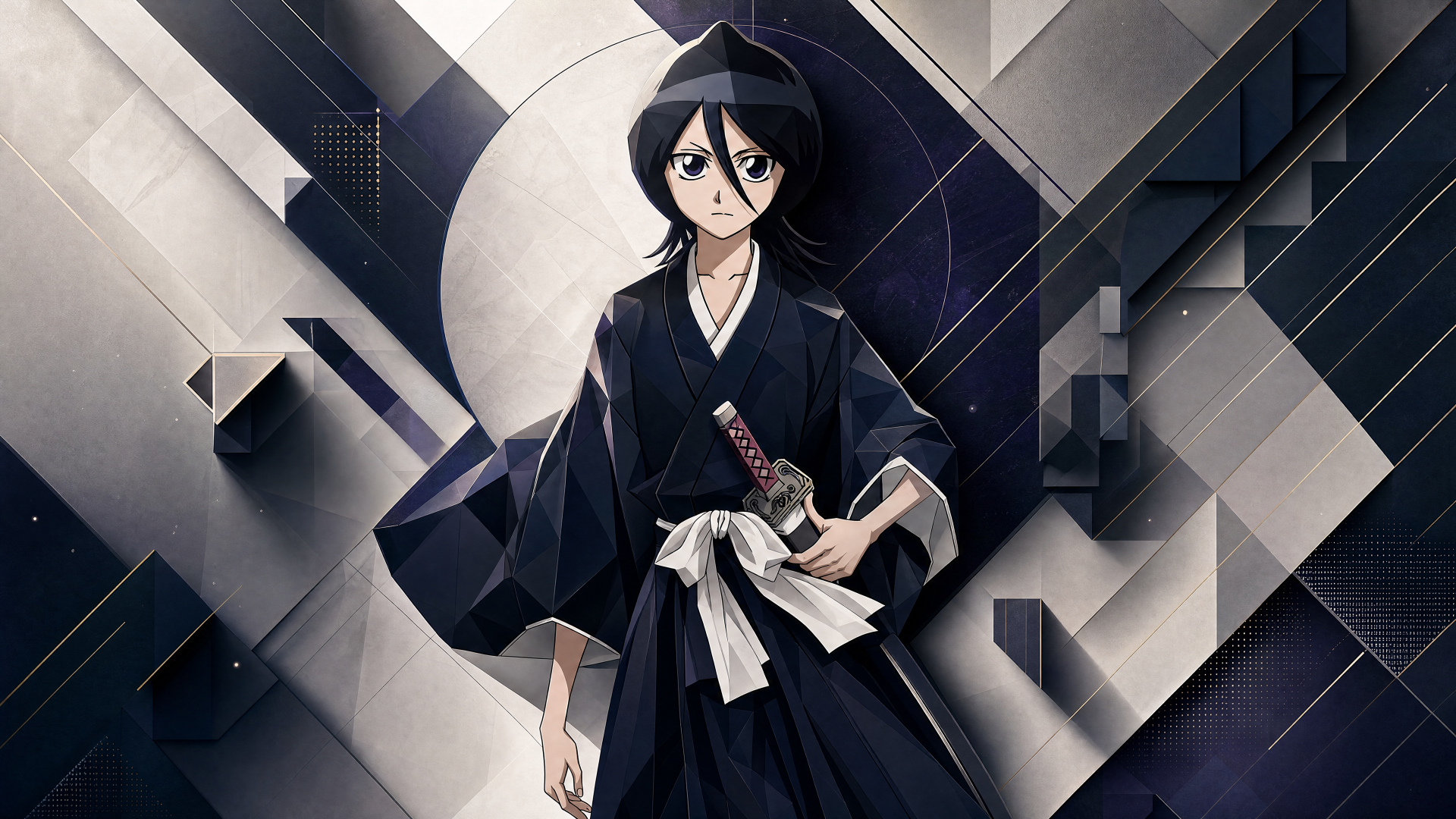 Rukia Kuchiki in black shihakusho, holding her zanpakuto before a stylized moon and geometric backdrop — 4K Ultra HD PC desktop wallpaper/background.