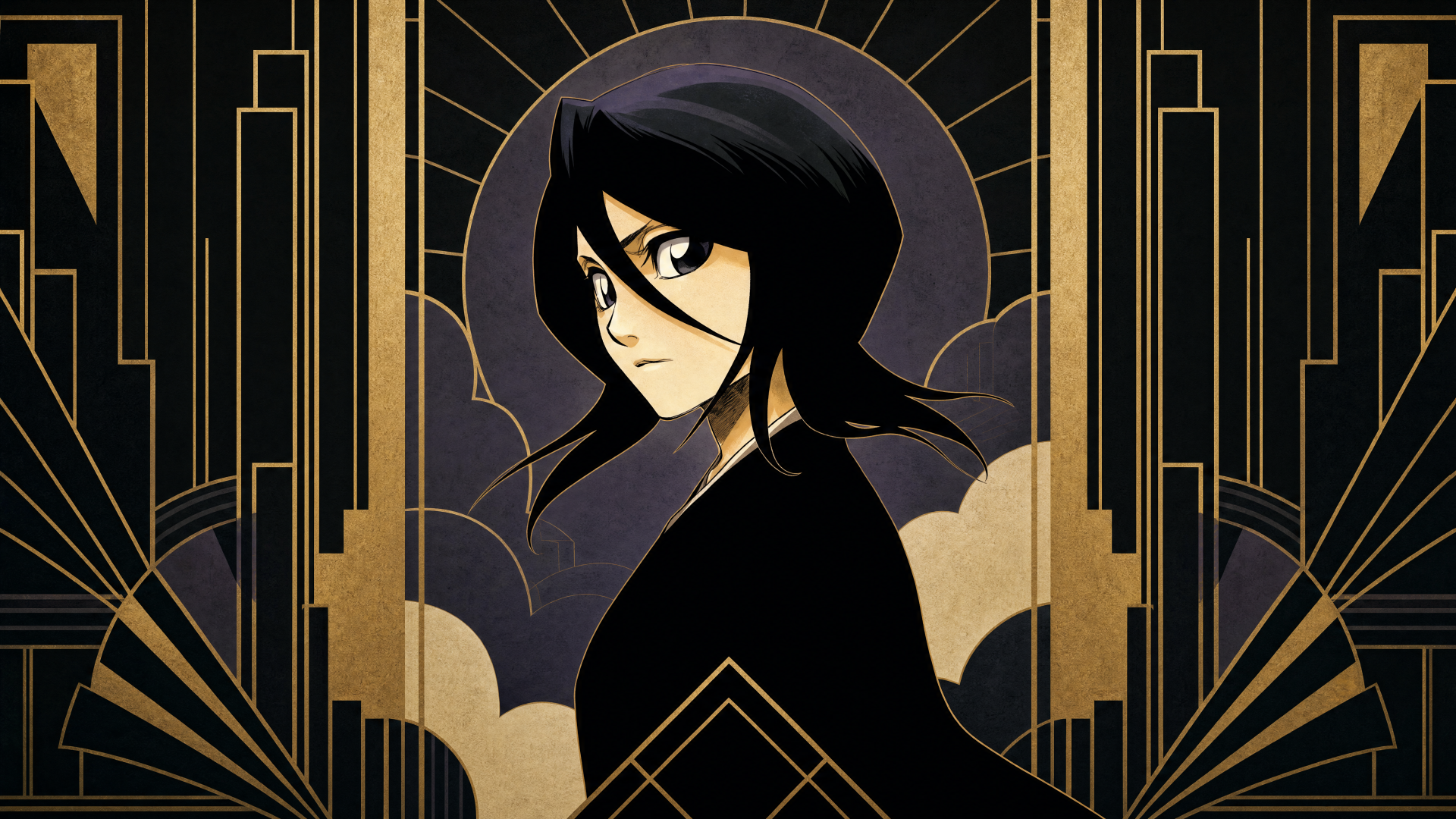 Rukia Kuchiki portrait in Art Deco gold and black motif, centered against a geometric sunburst; 4K Ultra HD PC desktop wallpaper and background.