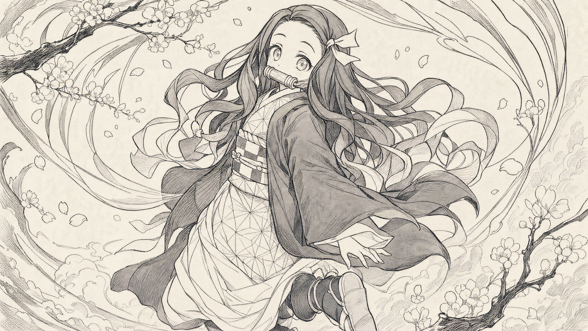 Monochrome sketch of Nezuko Kamado in a flowing kimono and ribbon, surrounded by swirling petals and branches — 4K Ultra HD PC desktop wallpaper and background