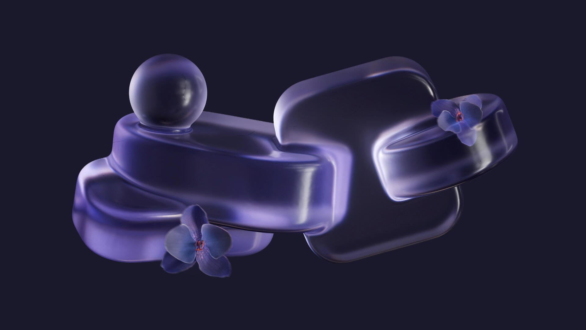 Microsoft Opaline 4K Ultra HD PC desktop wallpaper: translucent opalescent purple glass-like abstract blobs and a sphere with small violet flowers on a deep navy background.