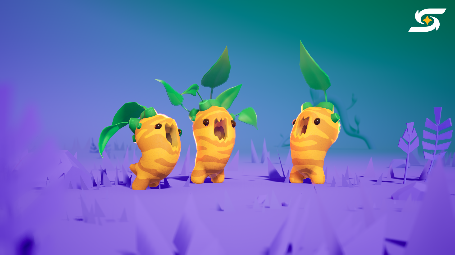 Three chubby yellow sprout creatures with leafy heads on a purple alien plain — video game Starseeker: Astroneer Expeditions 4K Ultra HD PC desktop wallpaper and background.