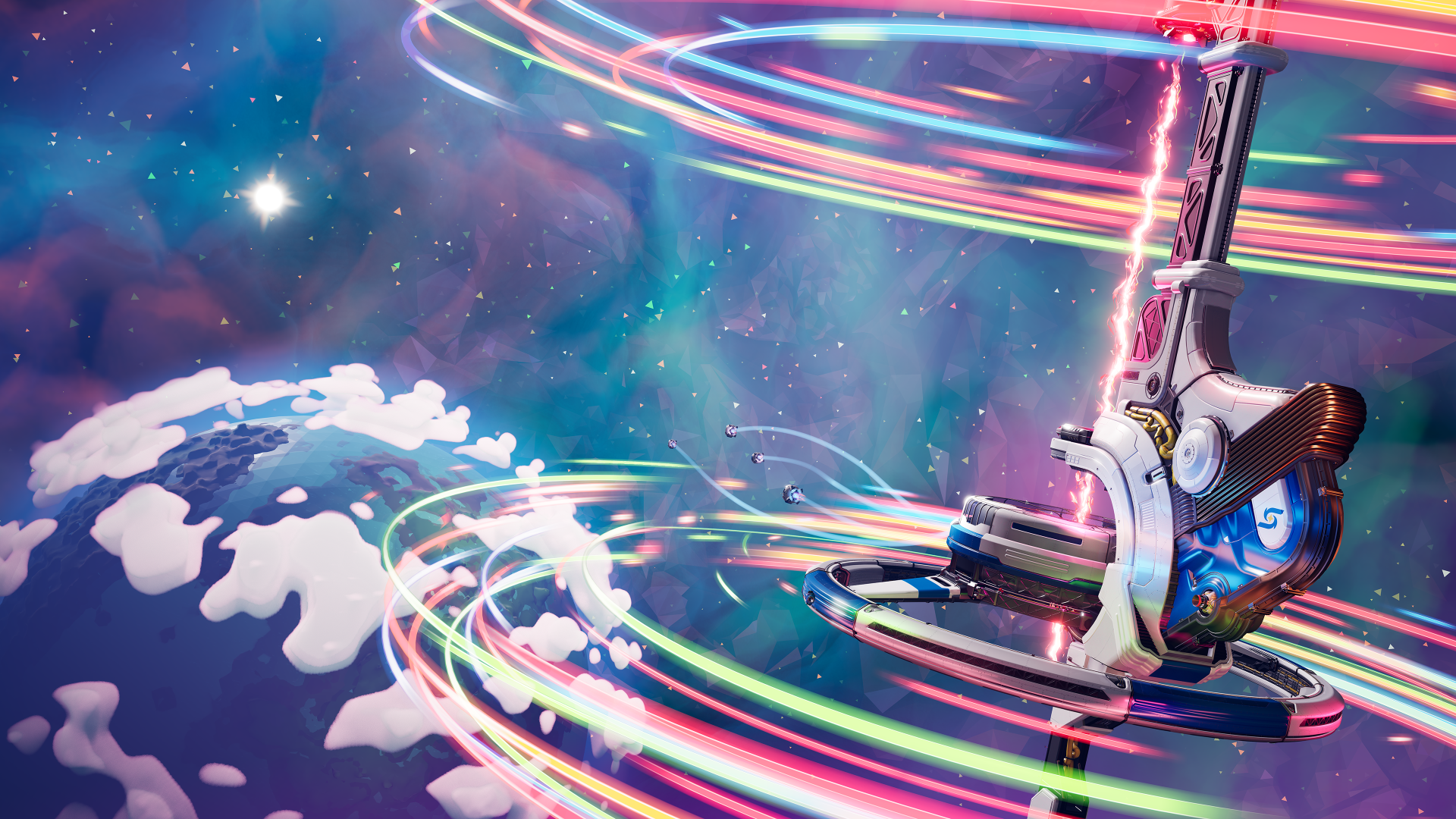 4K Ultra HD PC wallpaper from the video game Starseeker: Astroneer Expeditions, a sleek spacecraft weaving neon rings above a colorful nebula and icy planet.