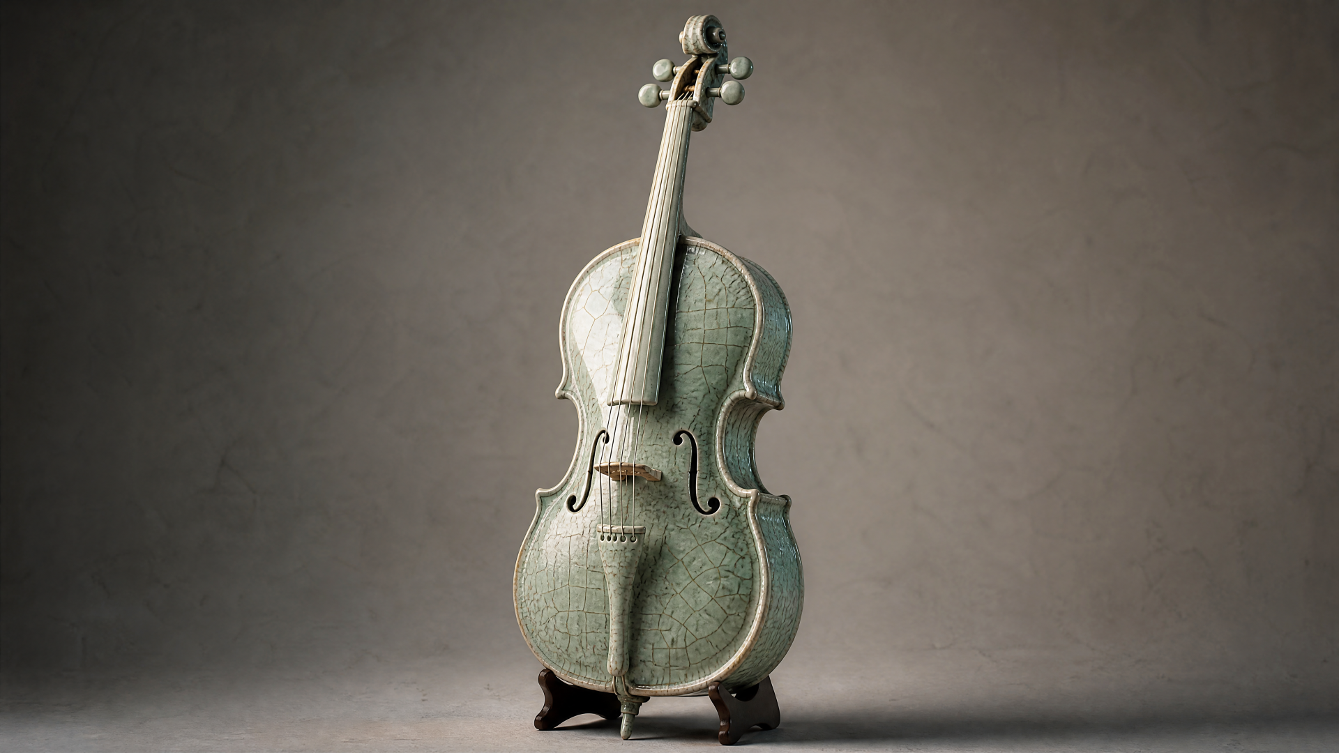 4K Ultra HD PC desktop wallpaper and background: textured silver cello standing on a small stand against a soft gray gradient backdrop.