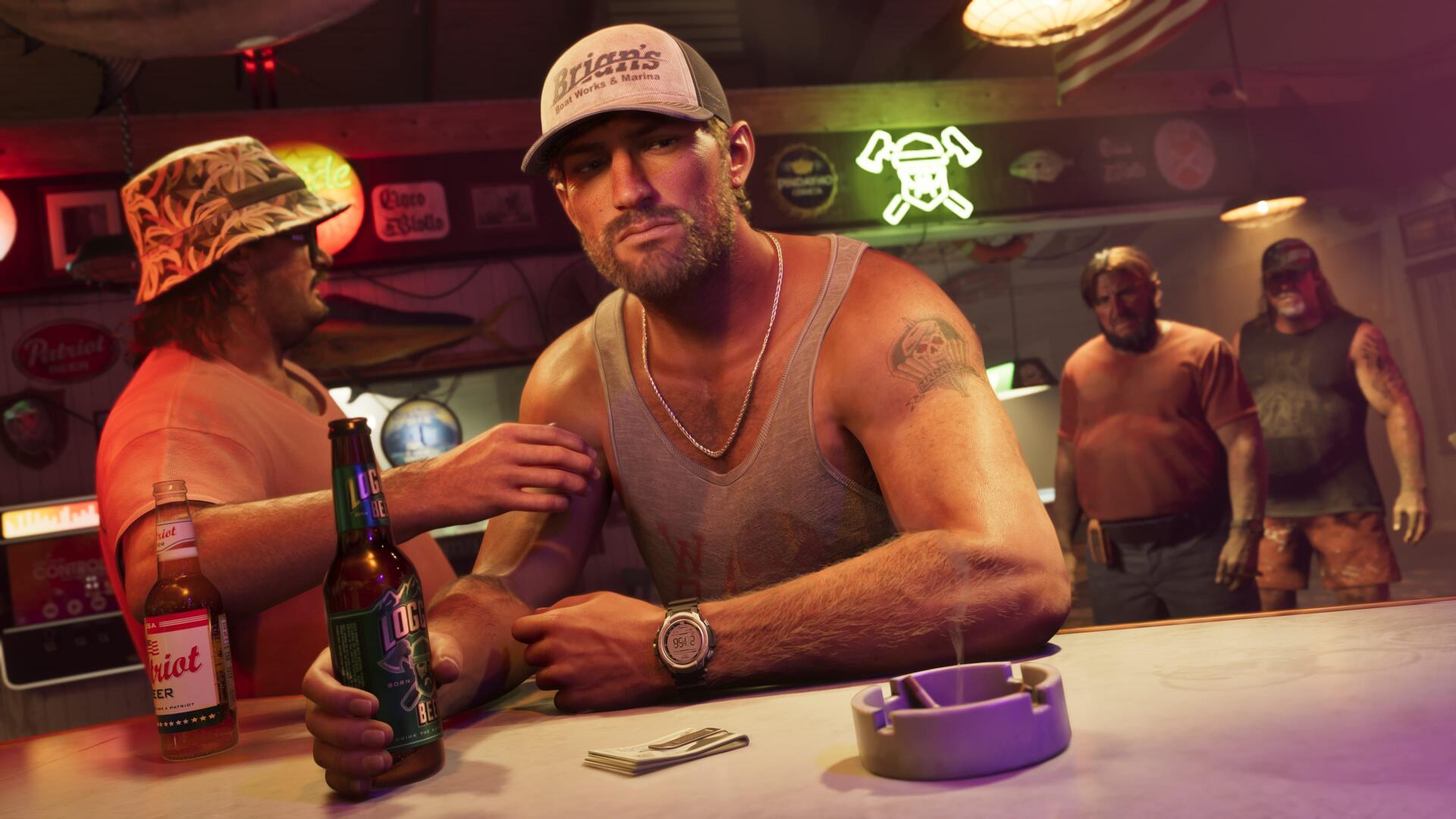 4K Ultra HD PC wallpaper of Jason Duval from the video game Grand Theft Auto VI: rugged man in a tank top and cap at a neon-lit bar, beer in hand, with tough patrons in the background.