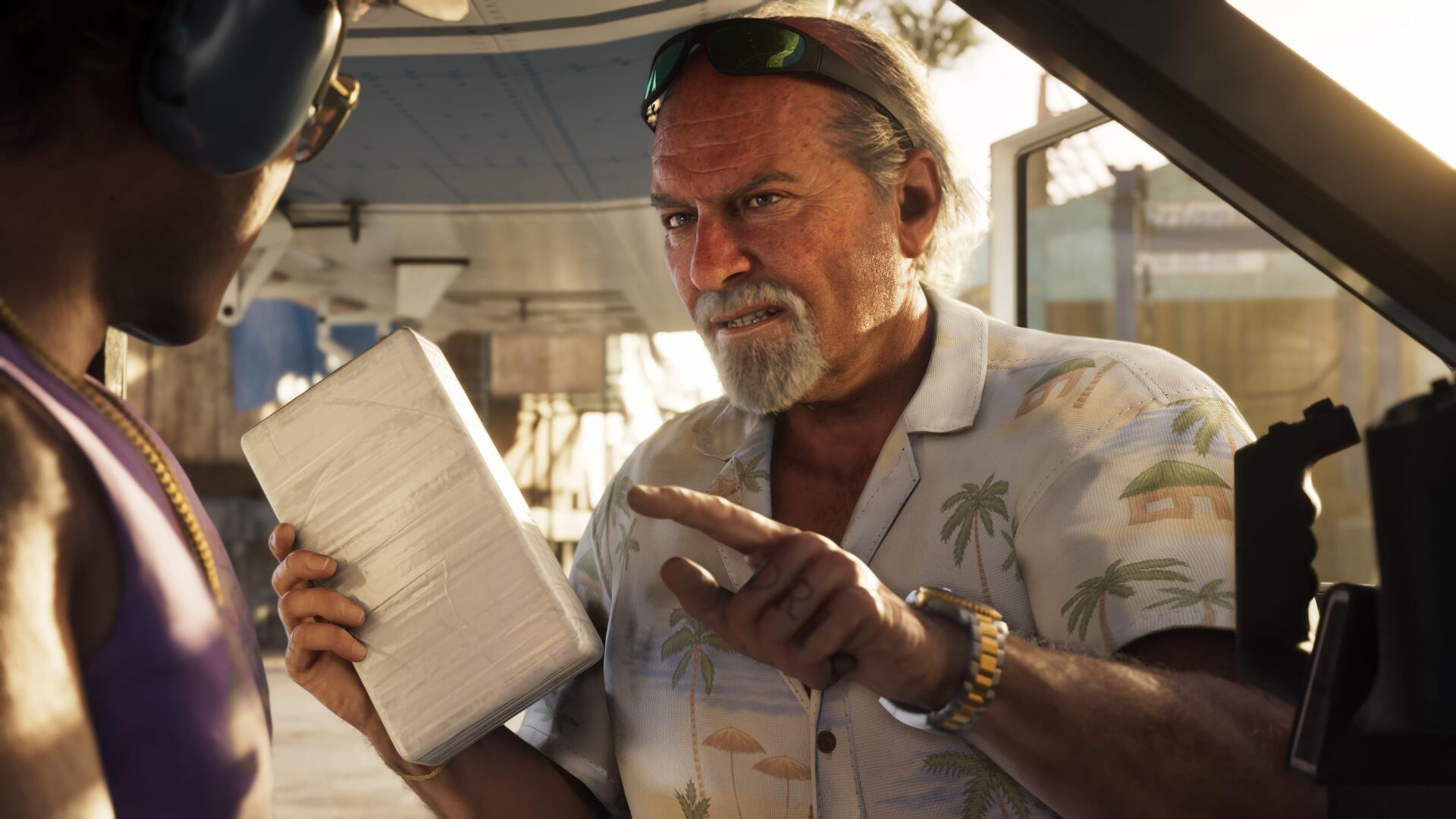 4K Ultra HD Grand Theft Auto VI desktop wallpaper: rugged older man in a floral shirt waving a notepad at a driver in a sunlit car scene — video game art by Brian Heder