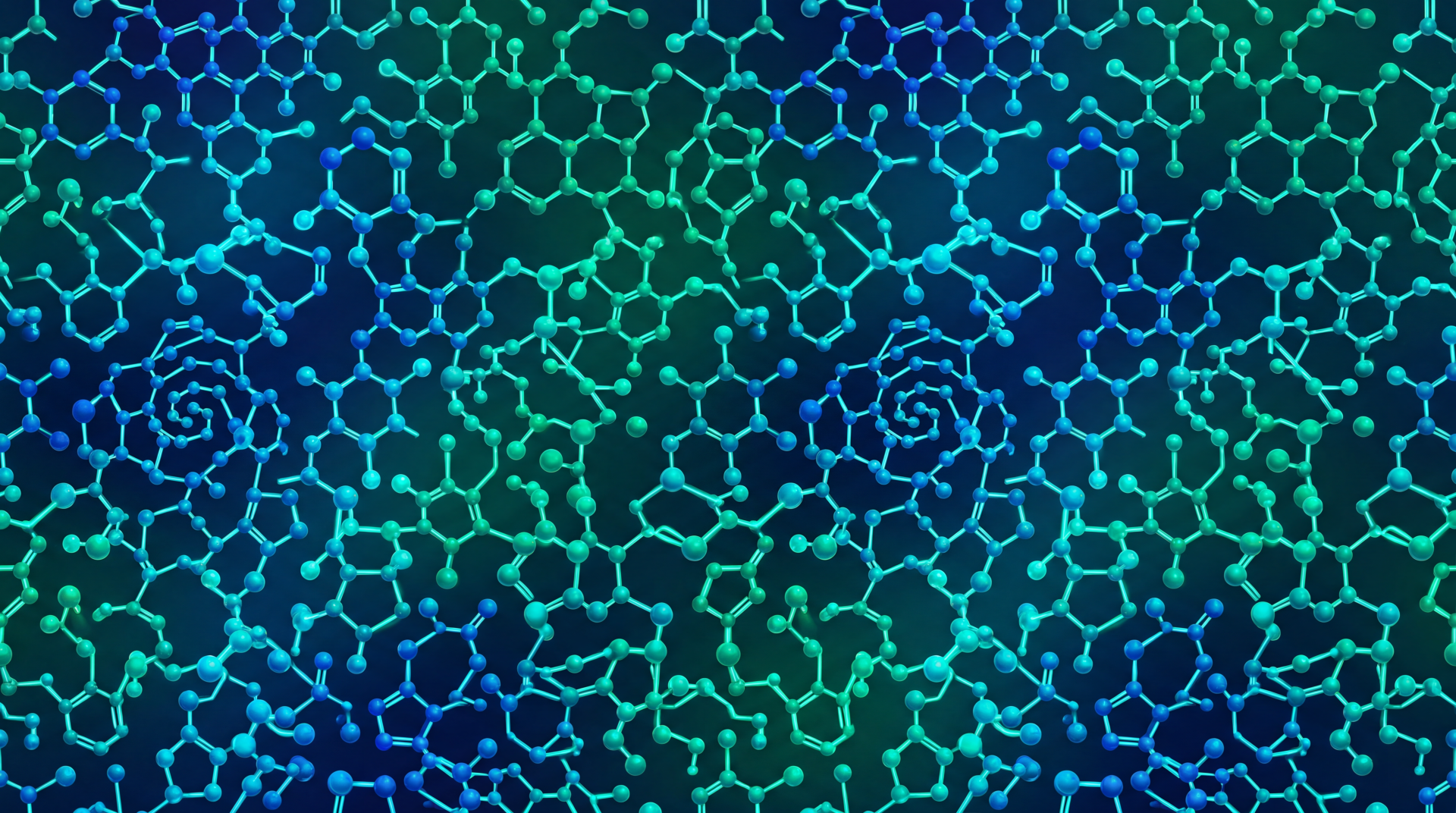 5K Ultra HD PC desktop wallpaper/background showing a teal-blue molecular pattern with hexagonal bonds and spiral motifs forming a repeating, textured nanoscale lattice.