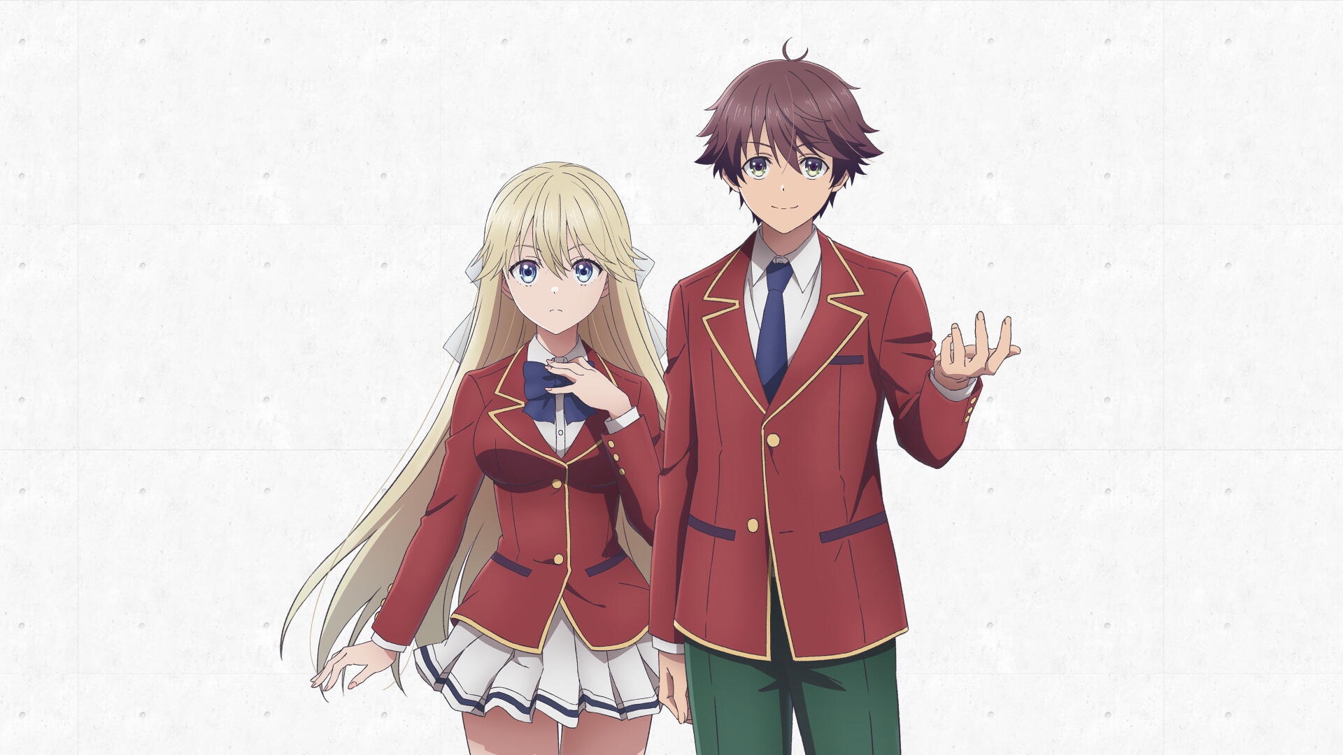 Classroom of the Elite 4K Ultra HD PC desktop wallpaper showing two students in red school uniforms — a blonde girl and a brown-haired boy — standing on a white speckled background.
