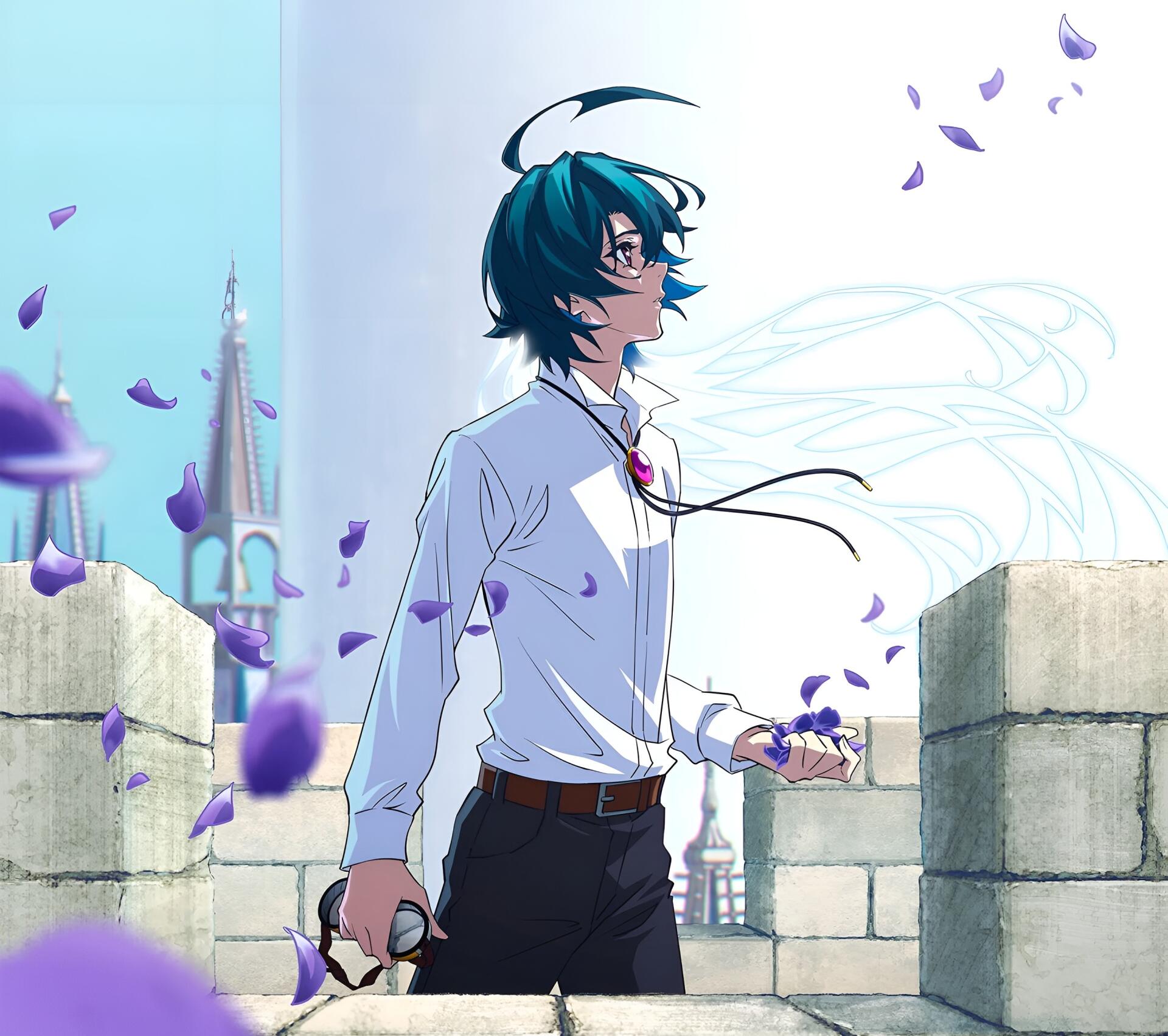 Anime 2K Quad HD PC desktop wallpaper of Will Serfort (Wistoria: Wand and Sword) — teal‑haired young man on a castle wall, white shirt, drifting purple petals and a subtle wand motif.