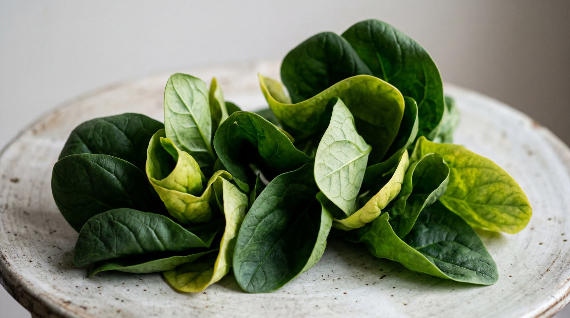 Close-up of fresh spinach leaves on a speckled ceramic plate, rendered in crisp detail as a 5K Ultra HD PC desktop wallpaper and background.