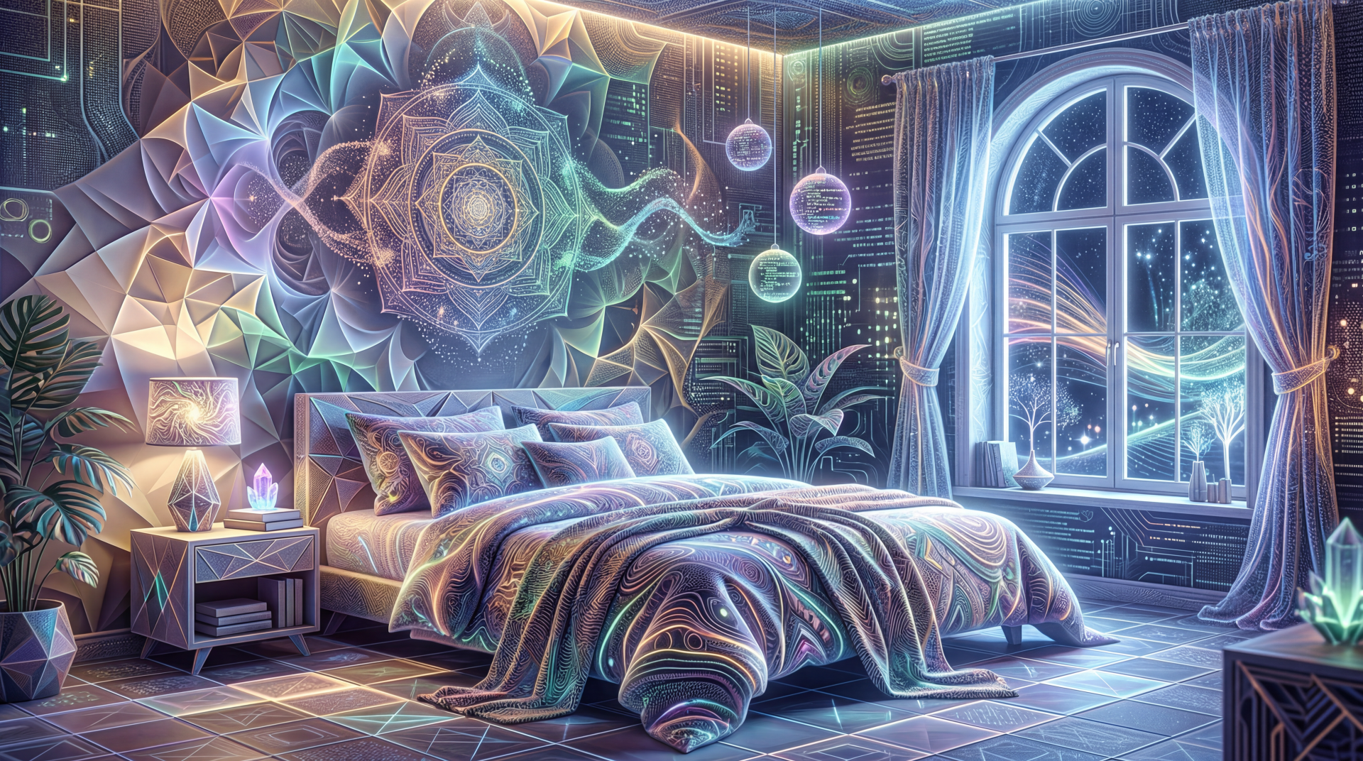 Aesthetic bedroom with glowing mandala wall art, neon pastel bedding, hanging orbs and arched window framing a starry sky — 5K Ultra HD PC desktop wallpaper and background.