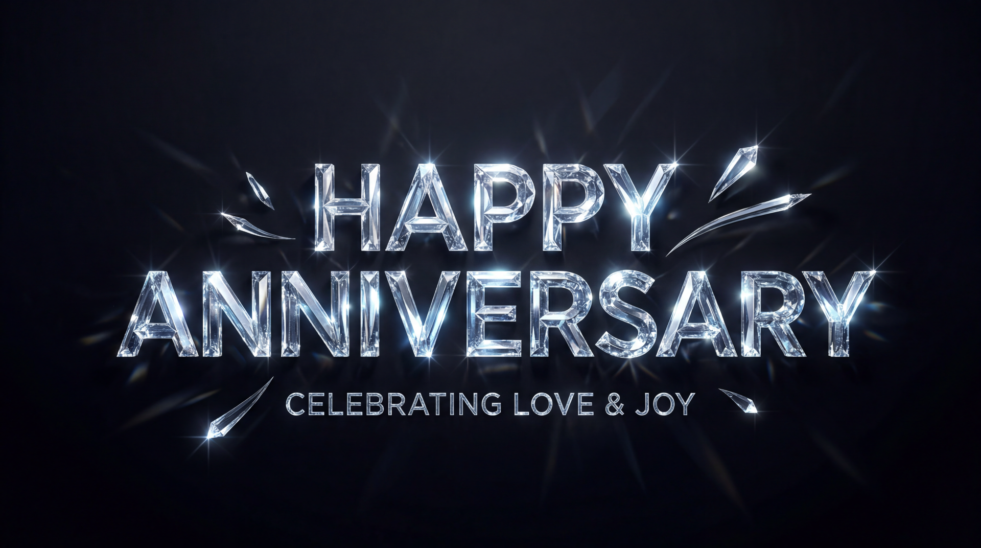 5K Ultra HD PC desktop wallpaper: dark background with 'HAPPY ANNIVERSARY' in crystalline shattered-glass letters and 'CELEBRATING LOVE & JOY' caption.