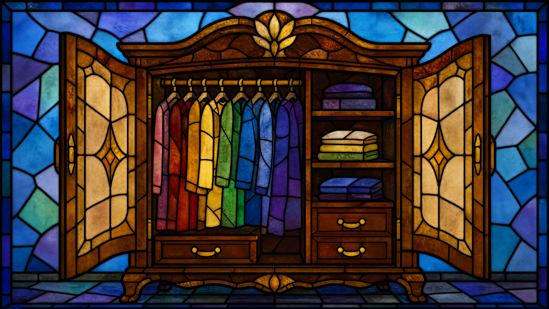 Stained-glass style wardrobe with open doors revealing rainbow-colored shirts, shelves and drawers — 4K Ultra HD PC desktop wallpaper and background.
