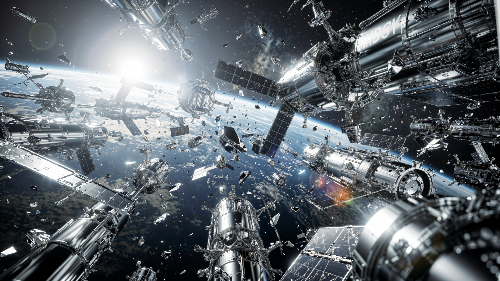 Space debris field and fragmented satellite modules orbiting above Earth with bright solar glare — 4K Ultra HD PC desktop wallpaper/background.
