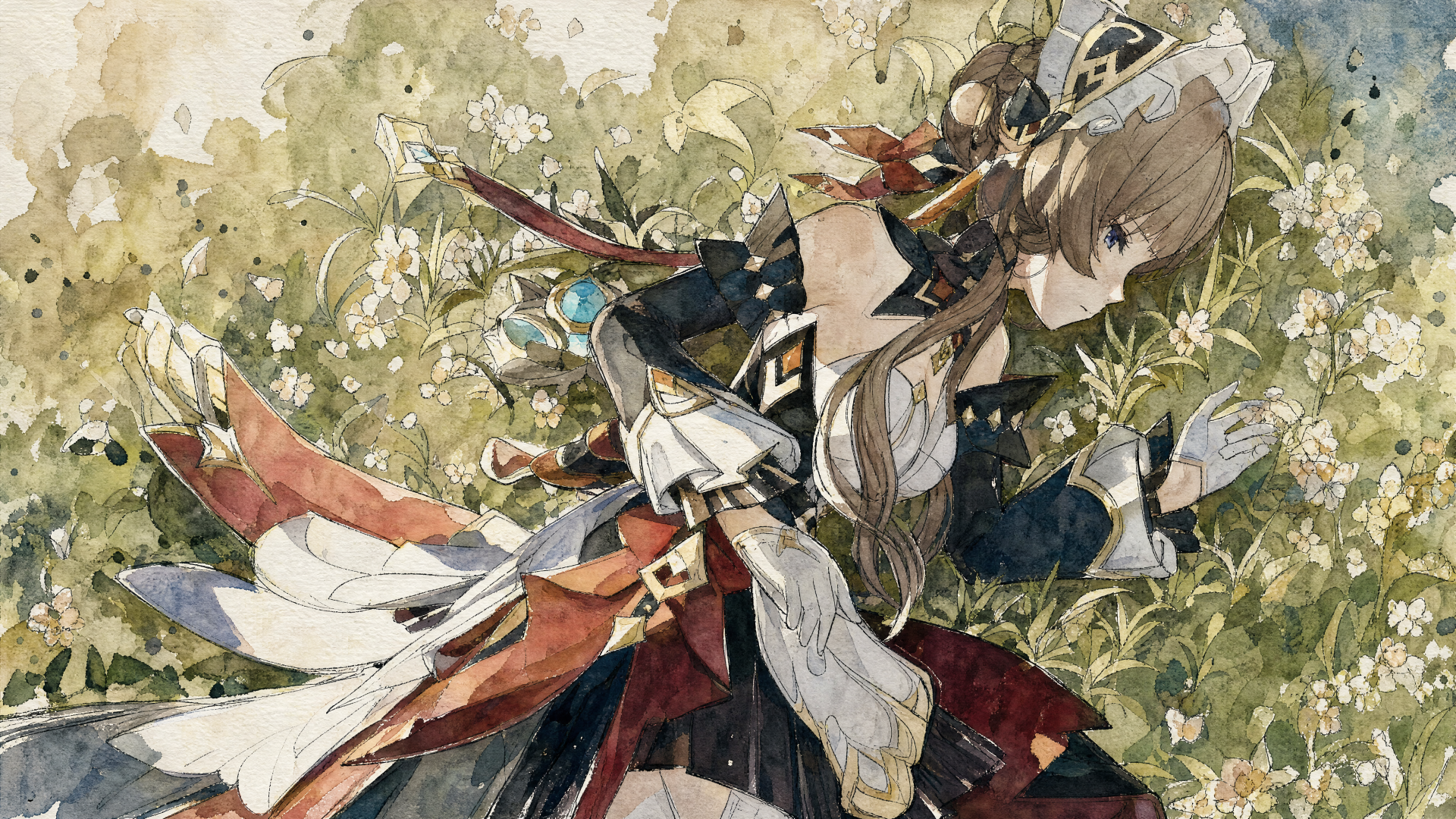 Watercolor-style 4K Ultra HD PC desktop wallpaper/background featuring Sandrone (Genshin Impact) crouched among white wildflowers, flowing ribbons and intricate costume details.
