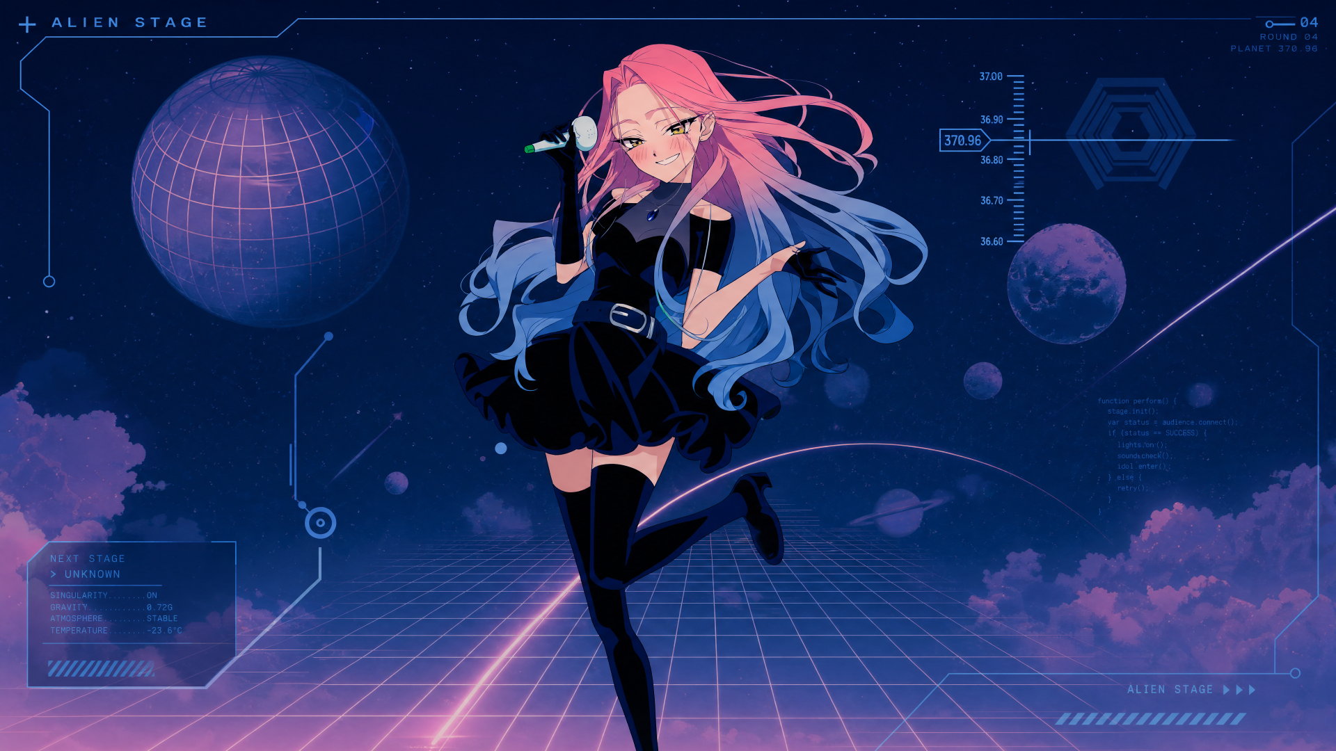 Alien Stage — 4K Ultra HD PC desktop wallpaper: anime-style alien singer with pink-blue hair on a neon grid stage with planets and holographic HUD.