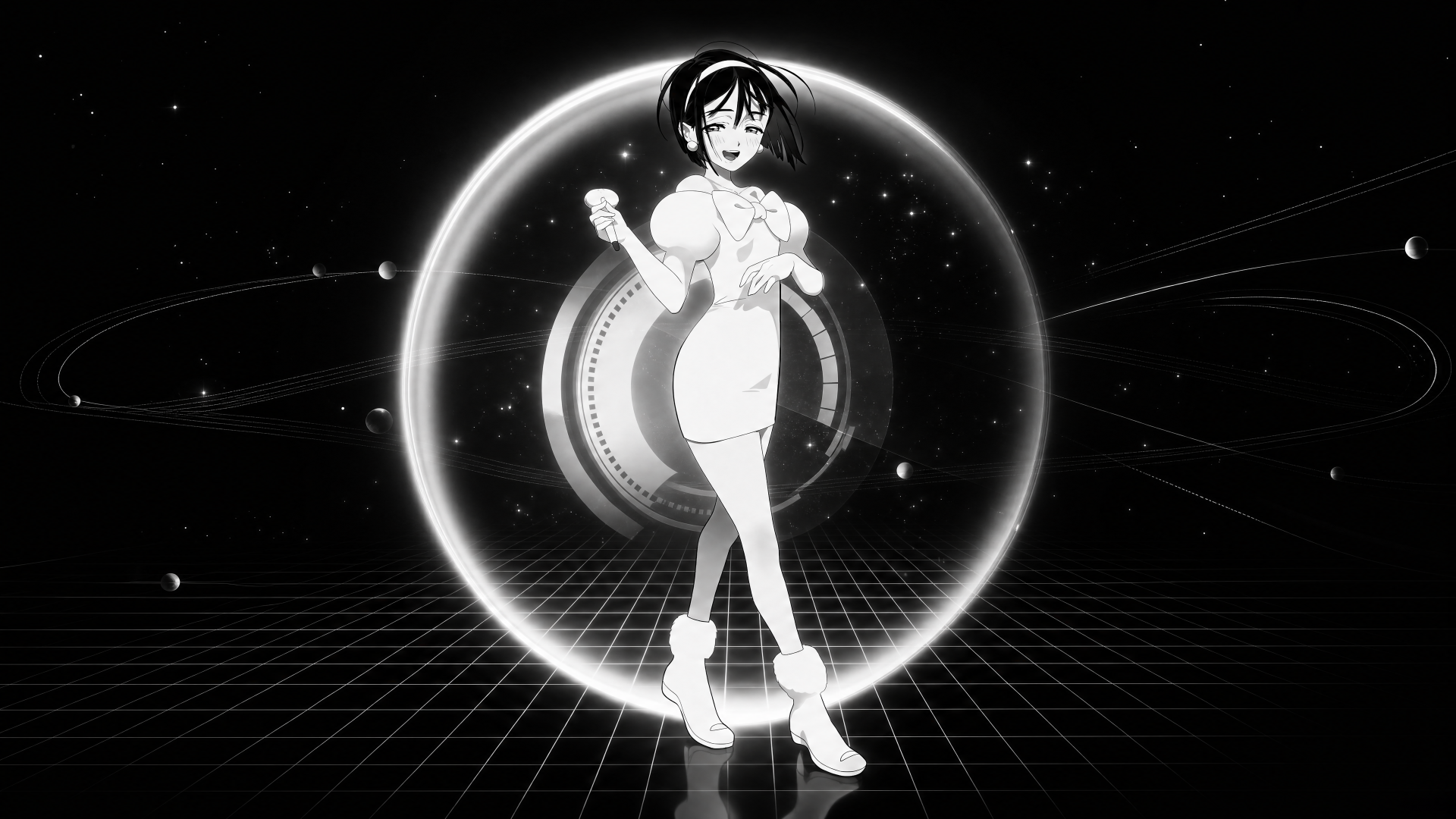 Monochrome Alien Stage 4K Ultra HD PC desktop wallpaper: a stylized female android posing inside a glowing circular portal on a grid floor, with orbit rings and distant stars.