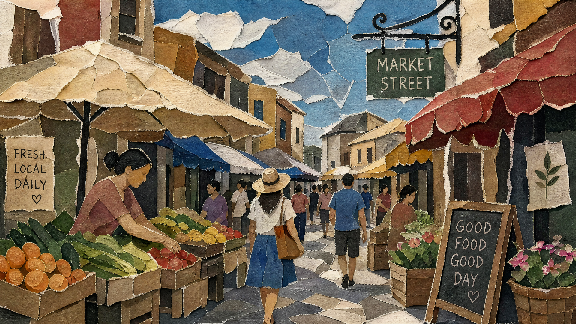 Vibrant street market with produce stalls, shoppers and sunlit awnings in a painted collage style — 4K Ultra HD PC desktop wallpaper and background.