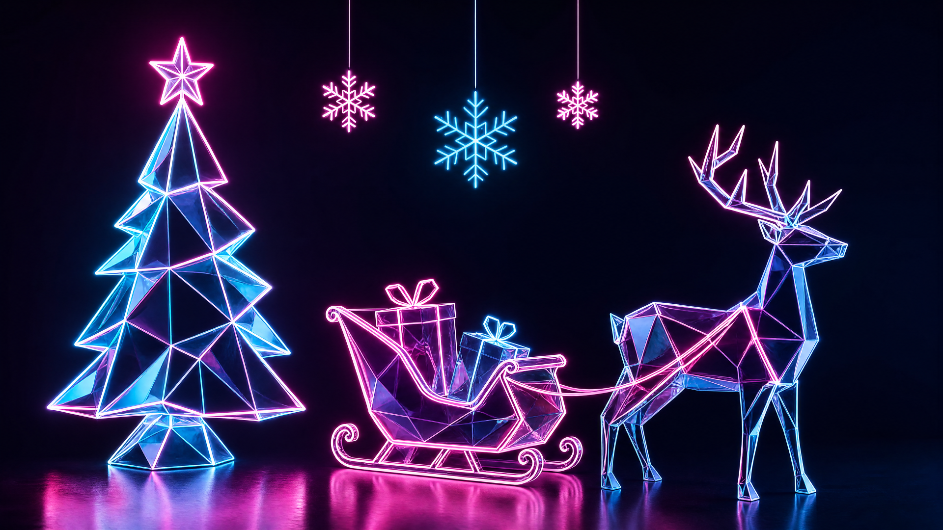 Neon Christmas 4K Ultra HD PC desktop wallpaper: glowing wireframe tree, hanging snowflakes, sleigh and geometric reindeer in pink and blue on a black background.