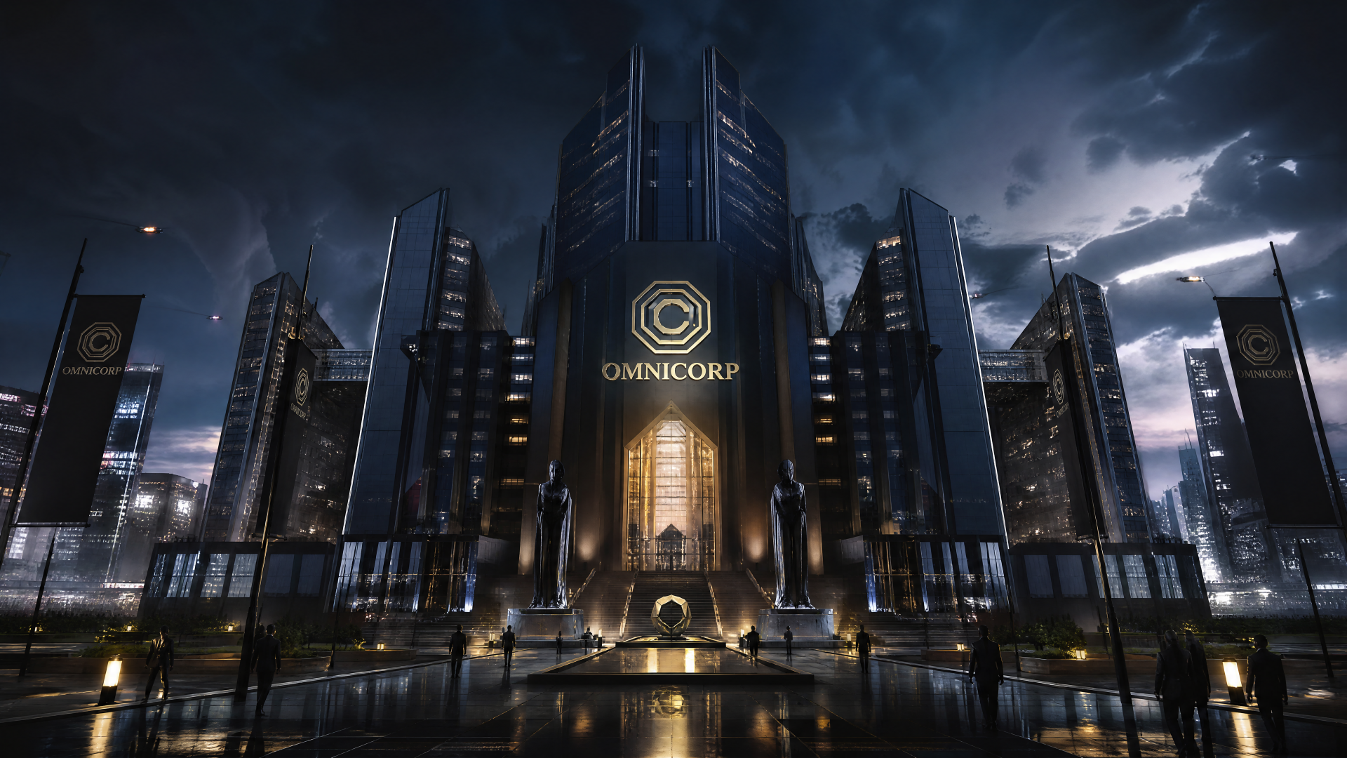 4K Ultra HD PC desktop wallpaper: towering Omnicorp skyscraper lit beneath a stormy sky, reflecting in a wet plaza — menacing, high-tech evil corporation headquarters.