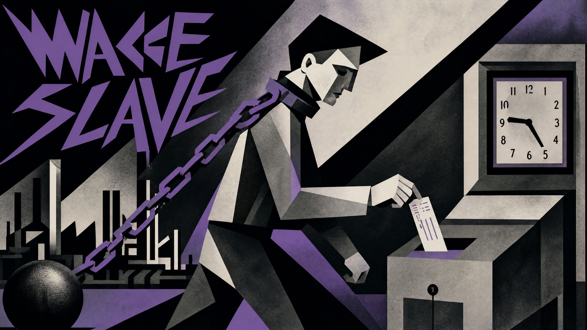 4K Ultra HD PC desktop wallpaper titled WAGE SLAVE: angular, monochrome worker chained to a cityscape, inserting a timecard into a box beneath a wall clock, purple accents.