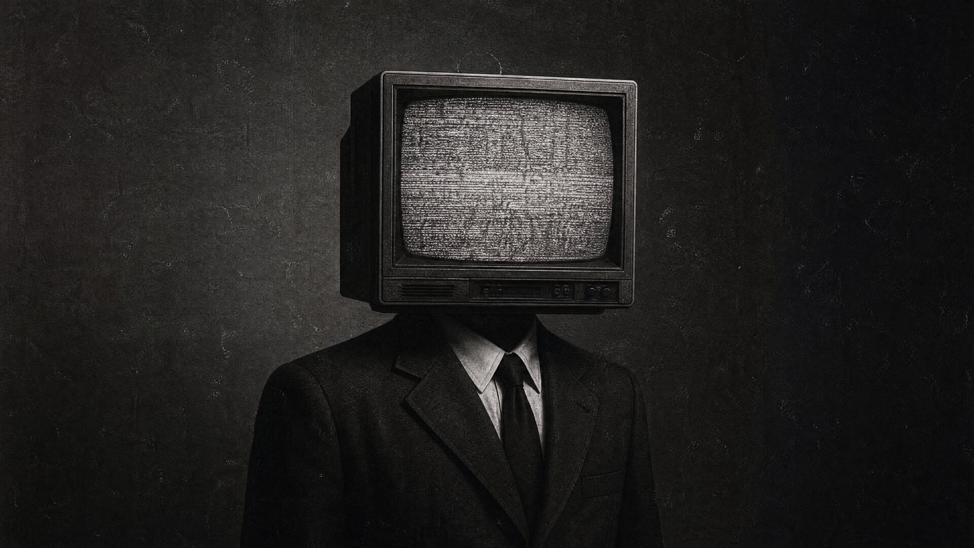 4K Ultra HD PC desktop wallpaper: a tv head figure in a suit with a static-filled vintage screen against a textured dark background.