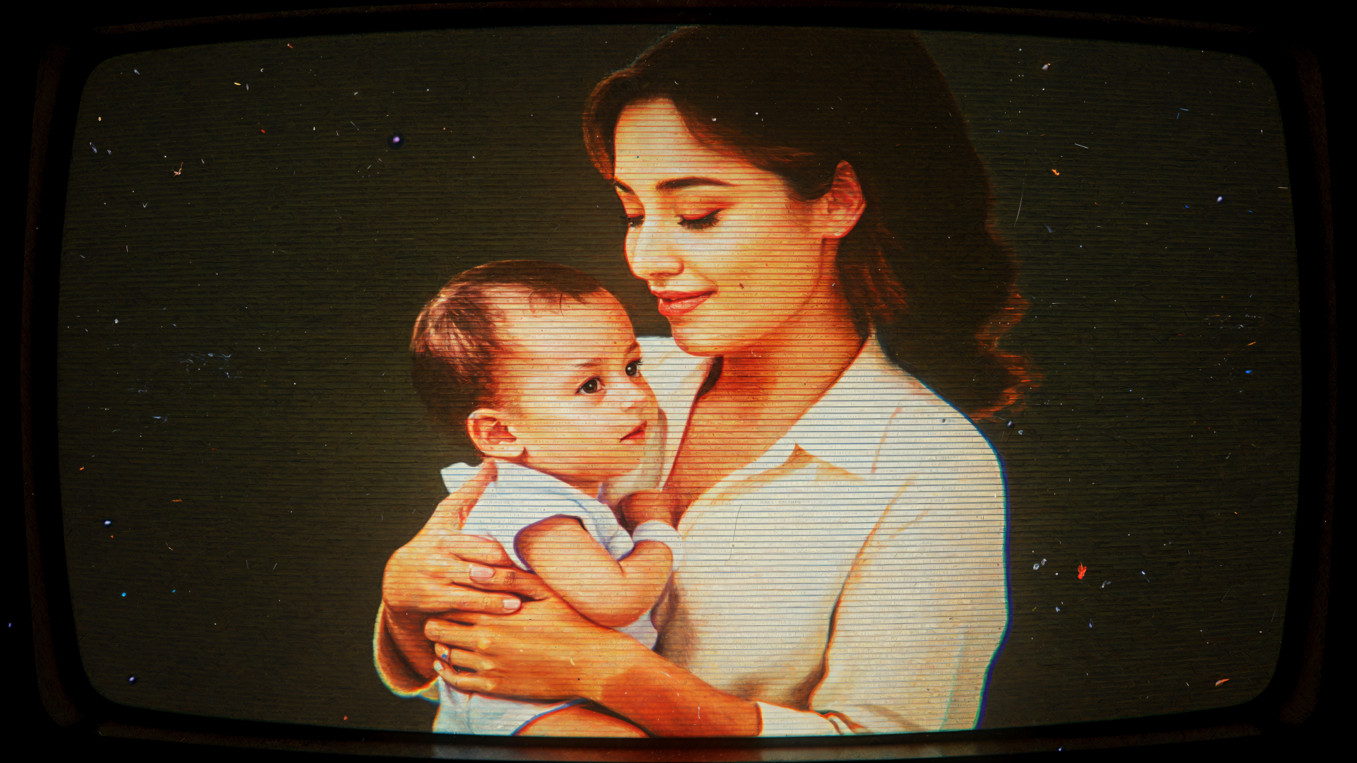 4K Ultra HD PC desktop wallpaper of a mother tenderly cradling her baby, soft vintage tones and a gentle smile creating a warm, intimate background.