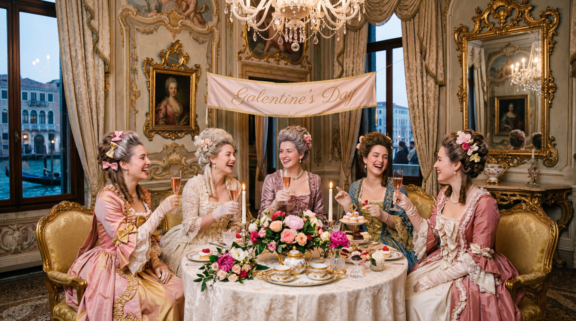 Galentine's Day 5K Ultra HD PC desktop wallpaper and background: five women in rococo gowns toast around a floral tea table in an ornate salon beneath a crystal chandelier.