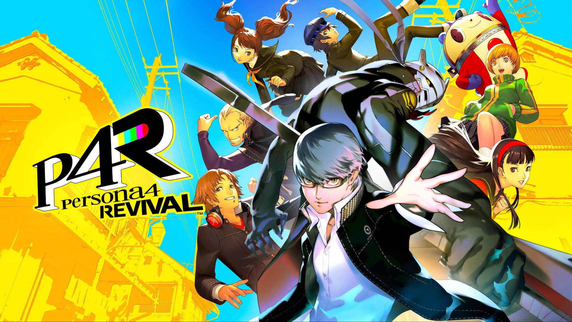 Persona 4 Revival 4K Ultra HD PC desktop wallpaper and background: protagonist and party striking dynamic poses against a vibrant yellow-blue urban backdrop.