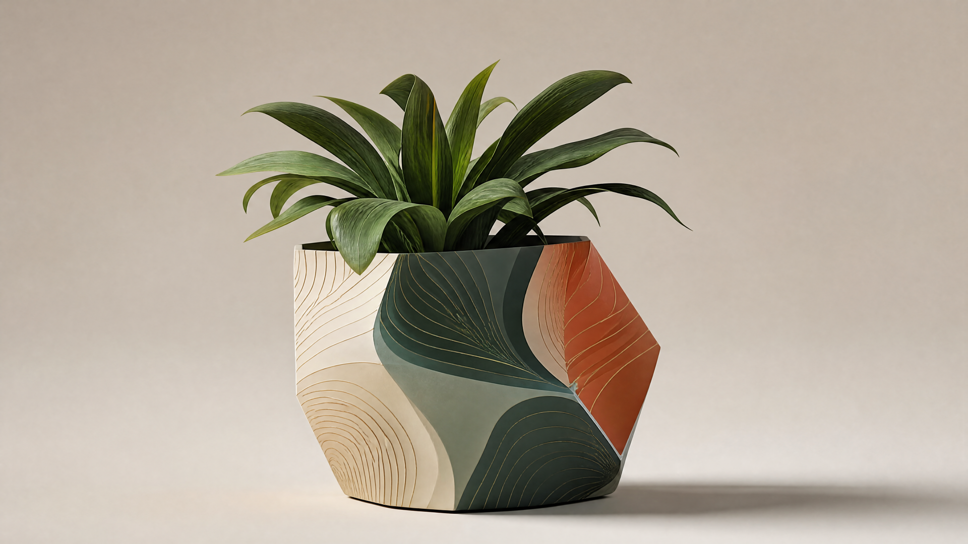 Geometric painted planter holding a green succulent on a neutral beige backdrop — 4K Ultra HD PC desktop wallpaper and background.