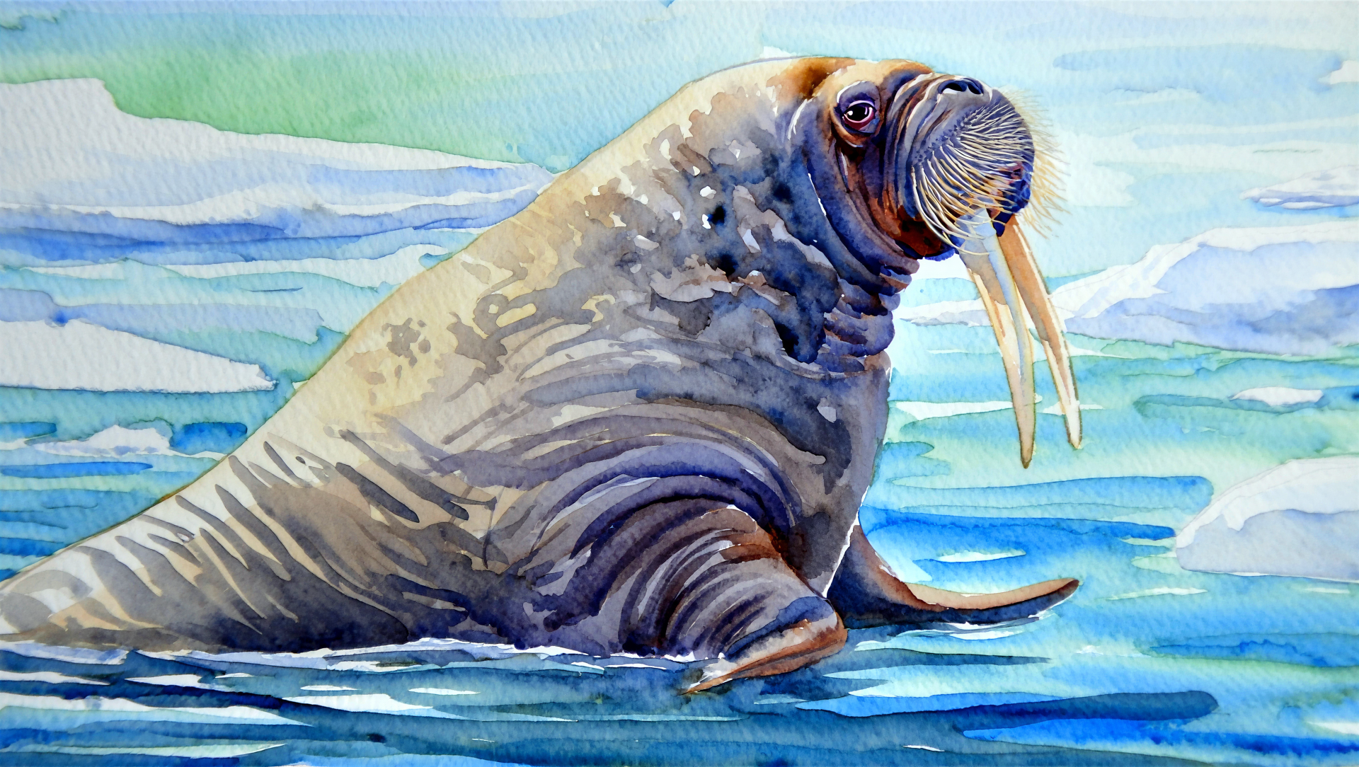 5K Ultra HD PC desktop wallpaper and background — watercolor-style walrus lounging on icy blue sea, tusks visible against a soft Arctic sky.
