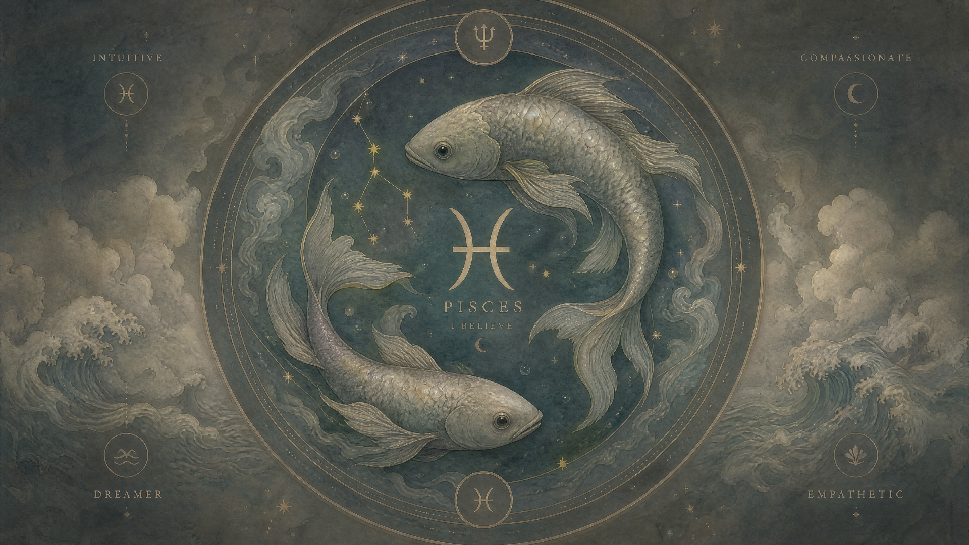 Pisces astrology 4K Ultra HD PC wallpaper: two silver fish circling a starry celestial disk with the Pisces glyph and an ornate clouded border.