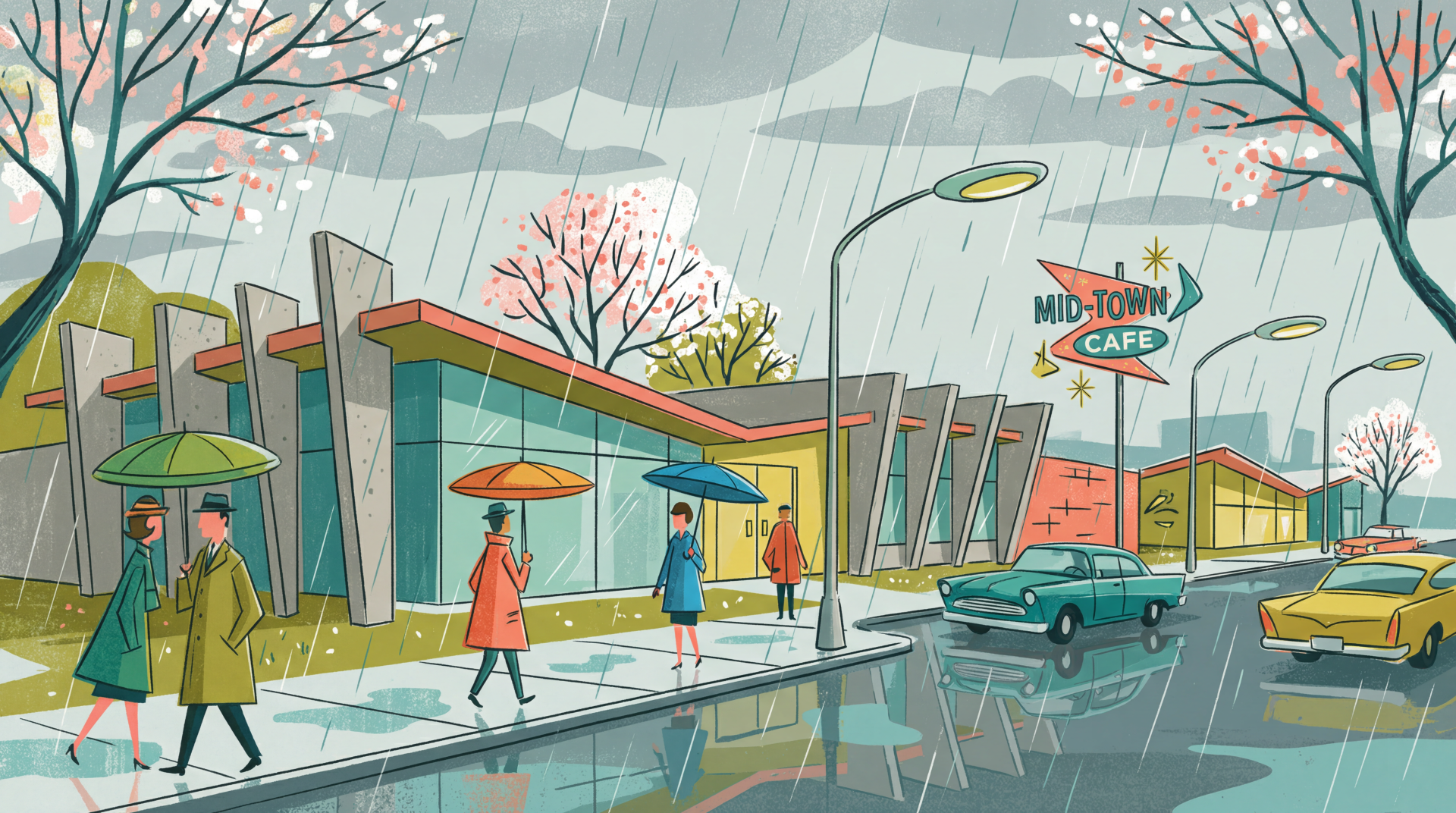 5K Ultra HD PC desktop wallpaper and background: retro mid-century street scene at Mid‑Town Café in spring rain, umbrellas, puddles, and vintage cars.