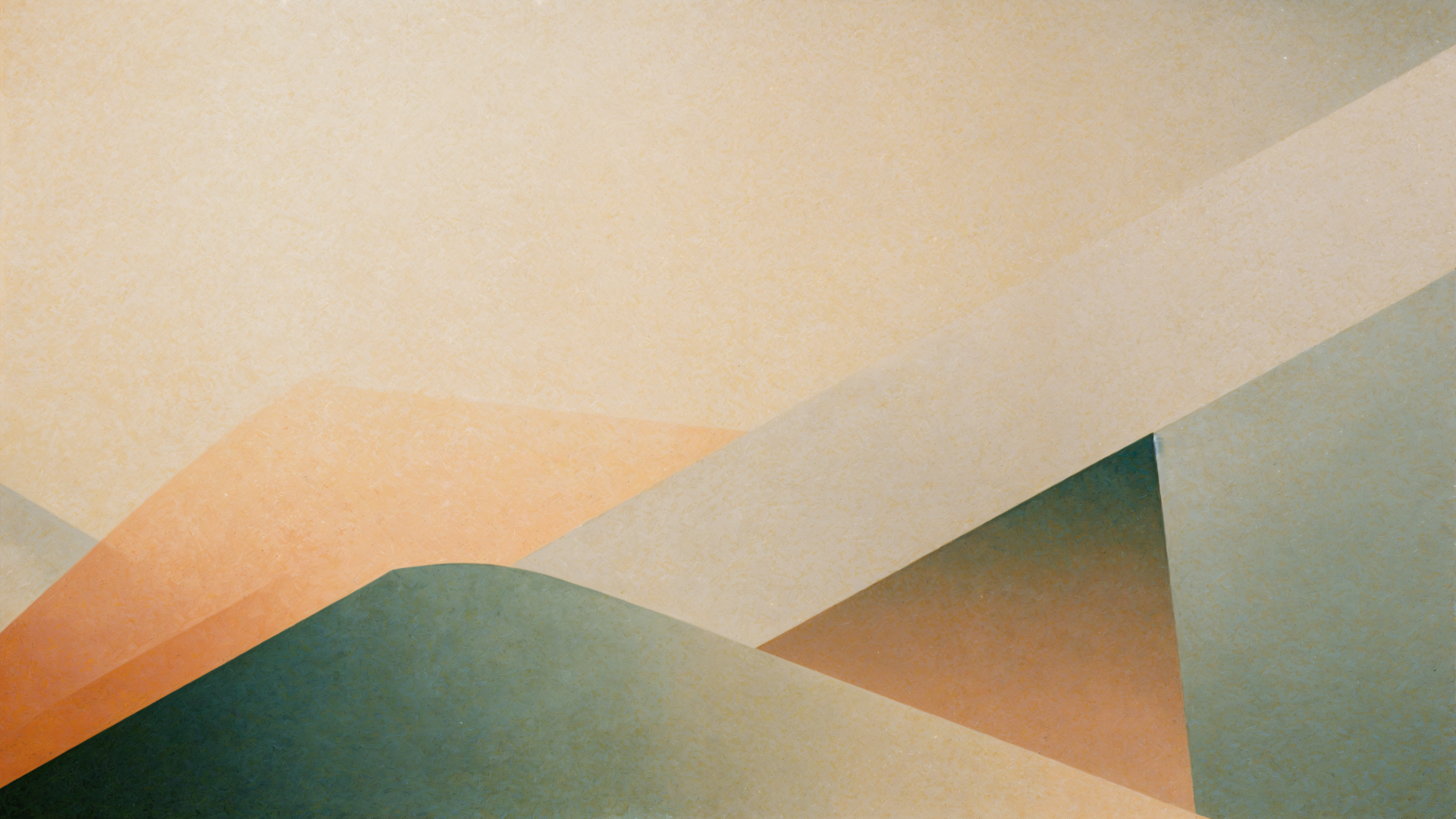 4K Ultra HD PC desktop wallpaper and background: minimalist abstract landscape of layered geometric hills and diagonal beams in muted greens, peach and beige with soft gradients.